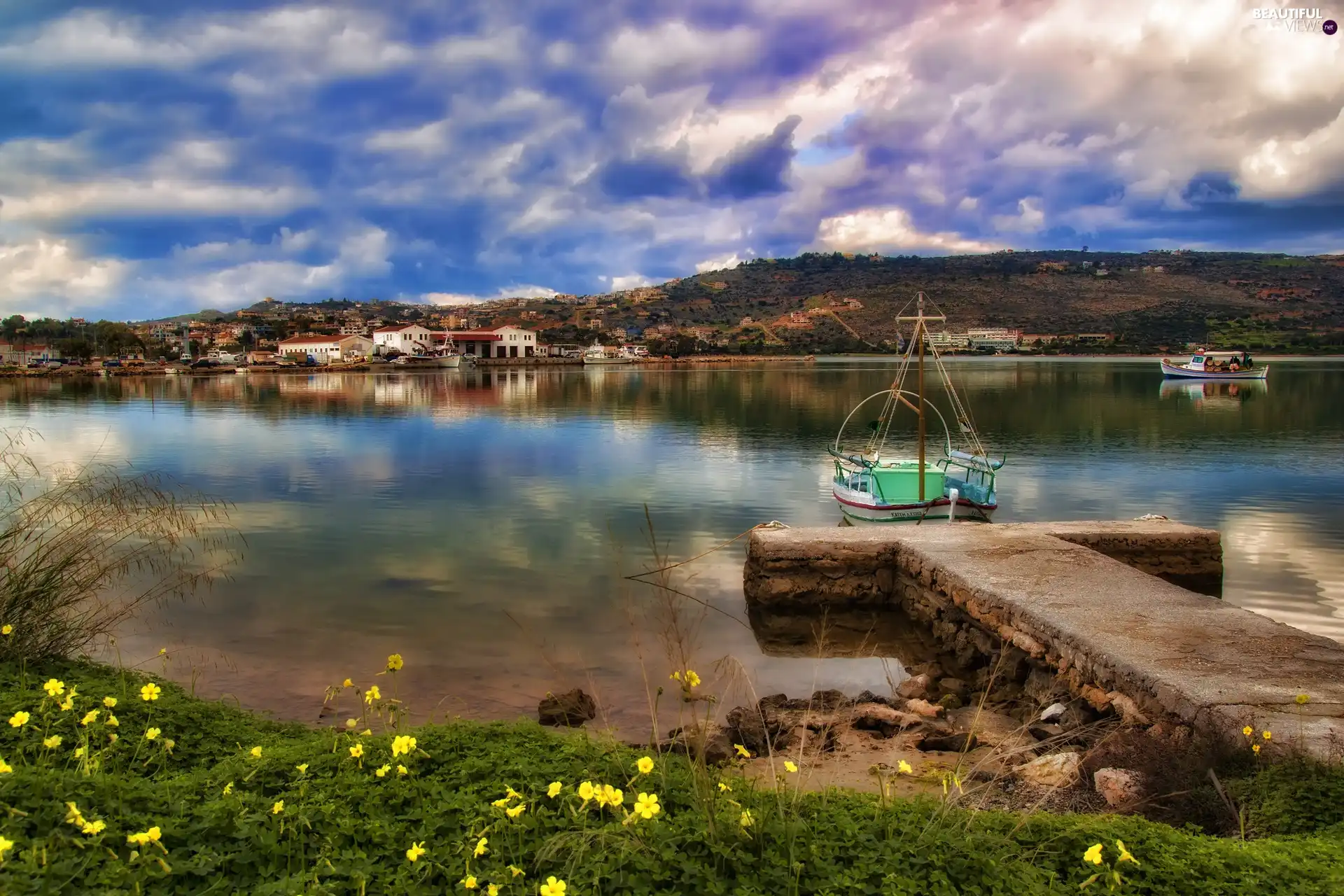 panorama, town, Mountains, Boats, lake