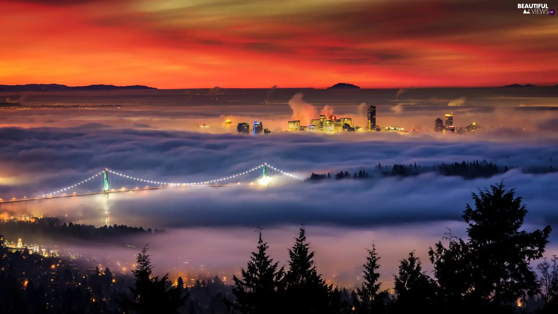 Fog, River, town, Vancouver, panorama, bridge