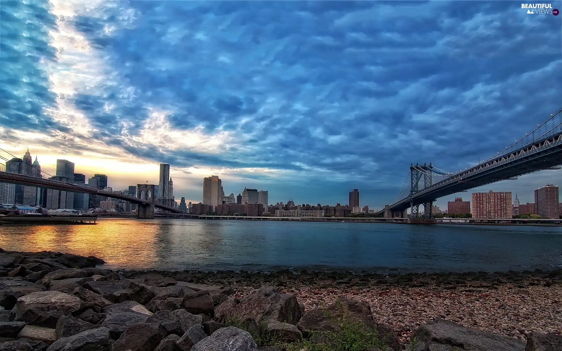 Bridges, clouds, New, River, dawn, panorama, York