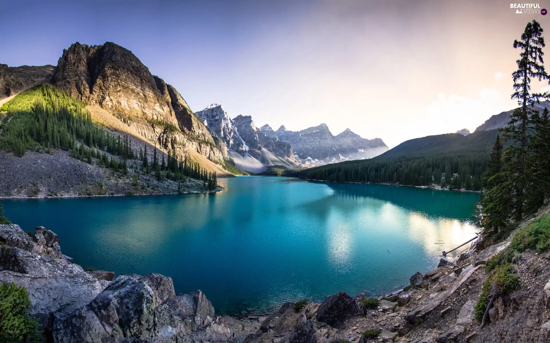 woods, lake, rocky mountains, Alberta, trees, Banff National Park, Moraine Lake, Canada, Sunrise, viewes