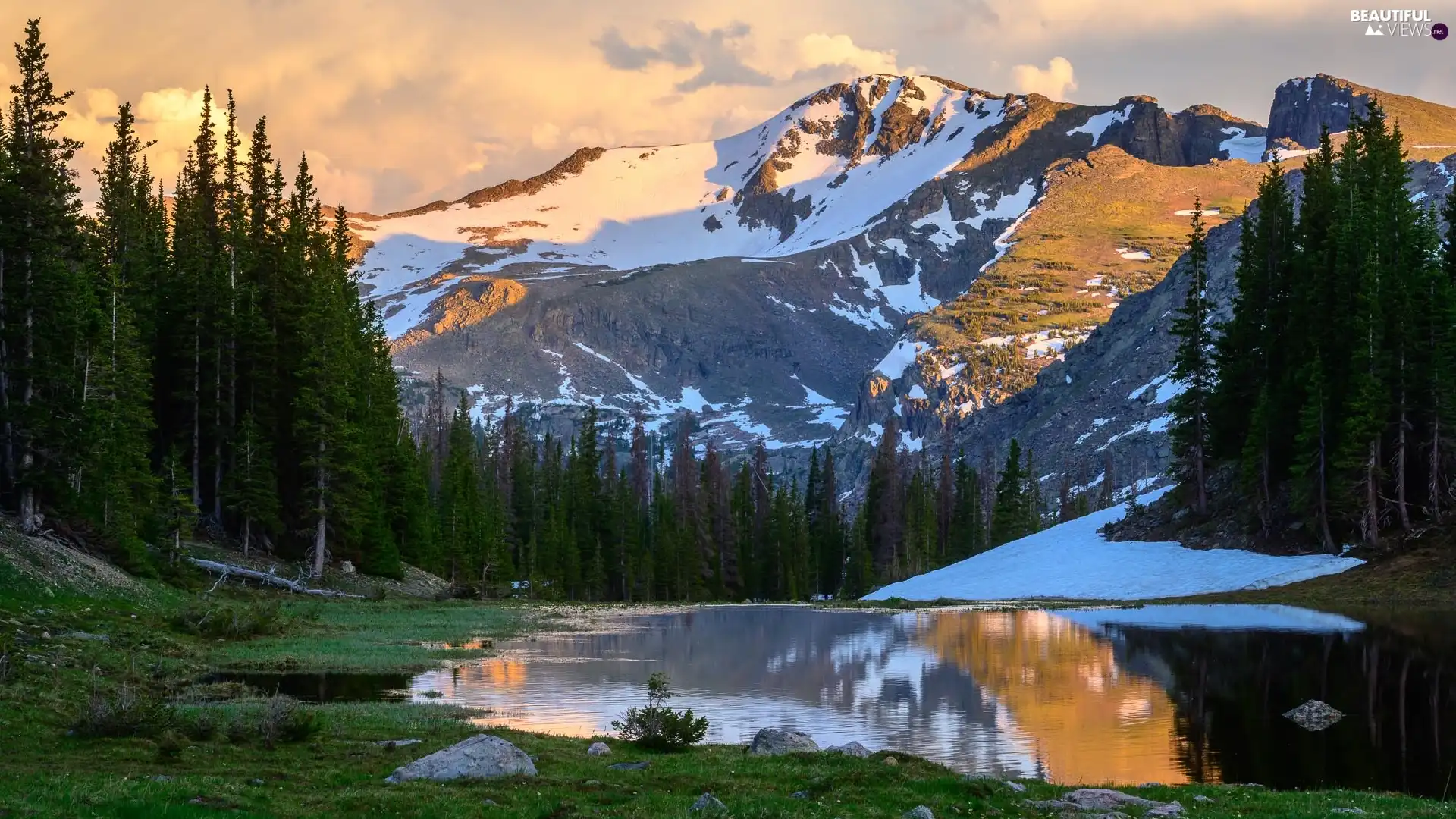 Colorado, The United States, Rocky Mountain National Park, rocky mountains, viewes, clouds, forest, trees, lake