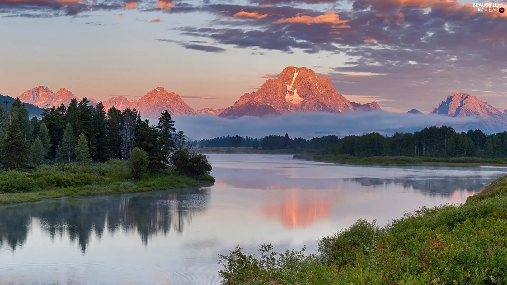 Mount Moran, Grand Teton National Park, Snake River, autumn, State of Wyoming, The United States, viewes, Mountains, trees