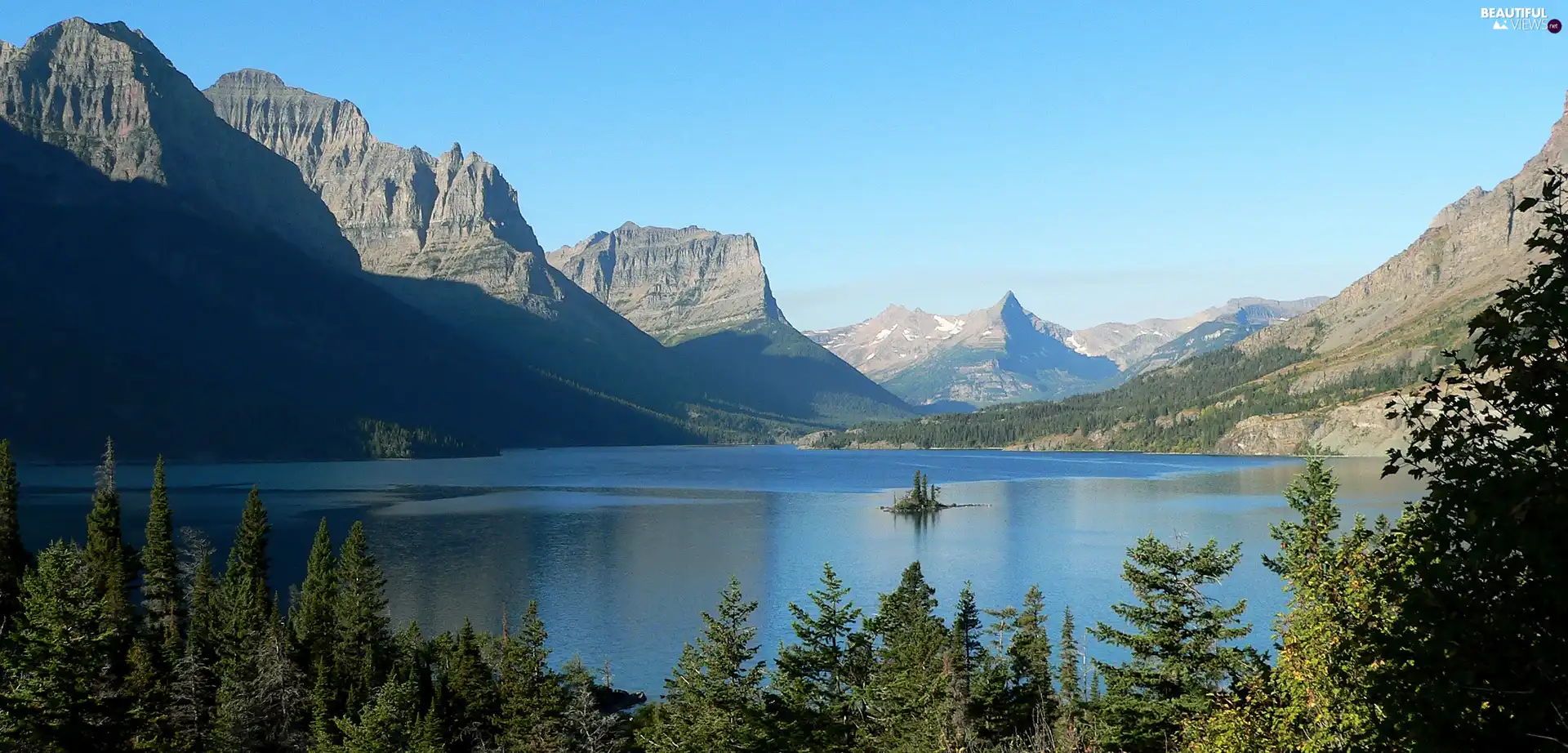 Mountains, Montana State, trees, Glacier National Park, The United States, Saint Mary Lake, viewes