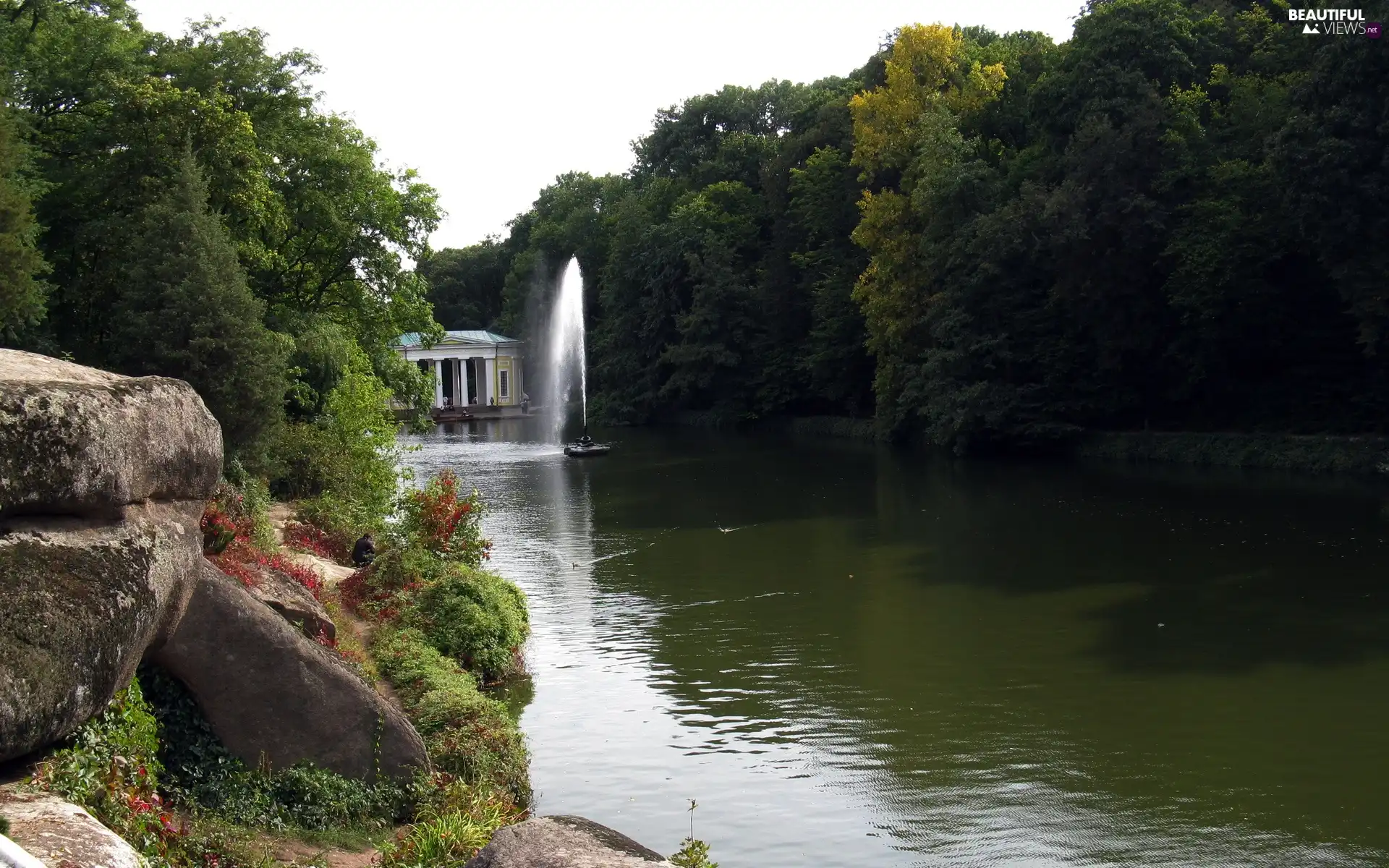 River, Home, Park, fountain