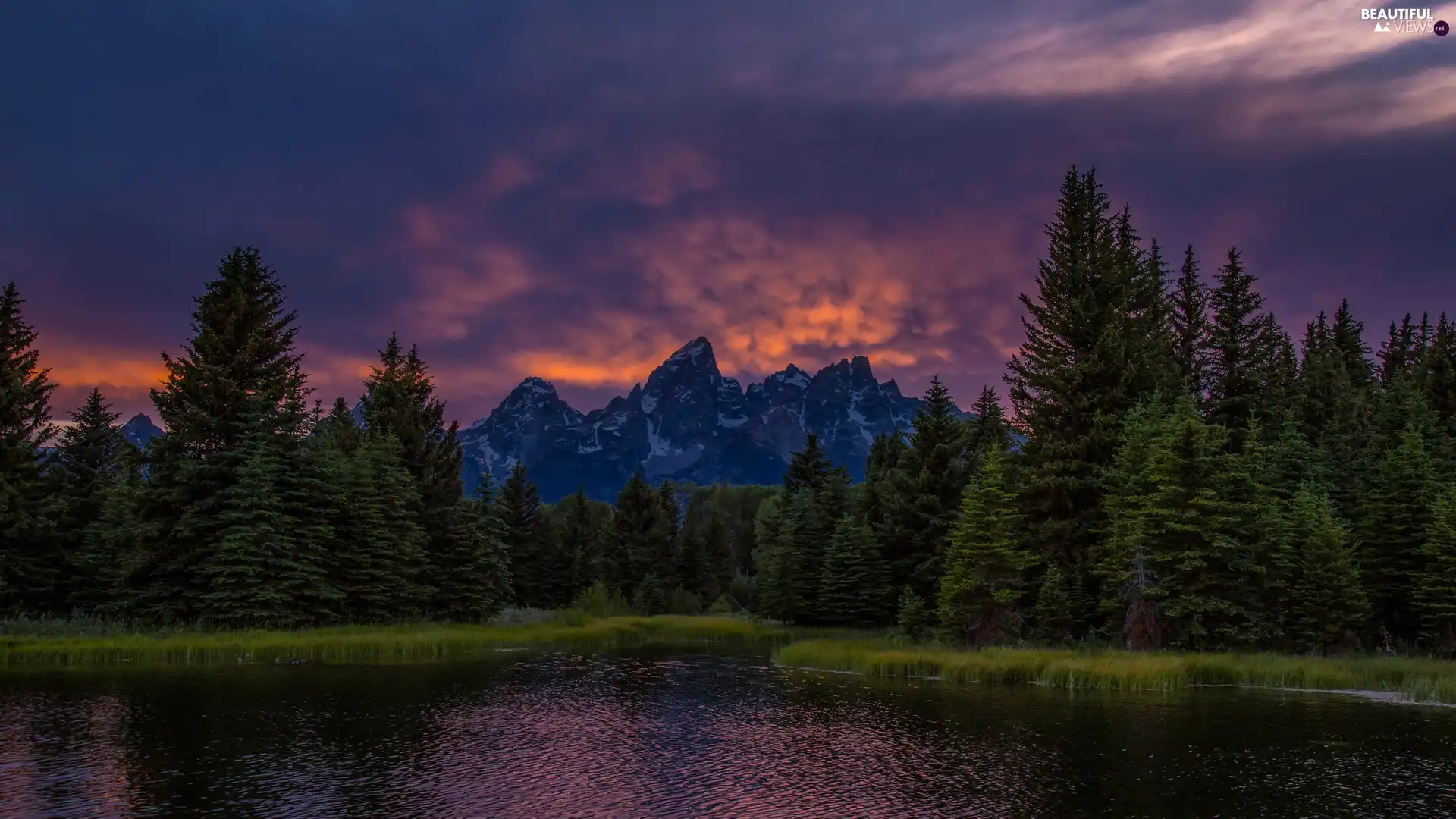 Teton Range Mountains, trees, The United States, viewes, State of Wyoming, Snake River, Grand Teton National Park, Great Sunsets