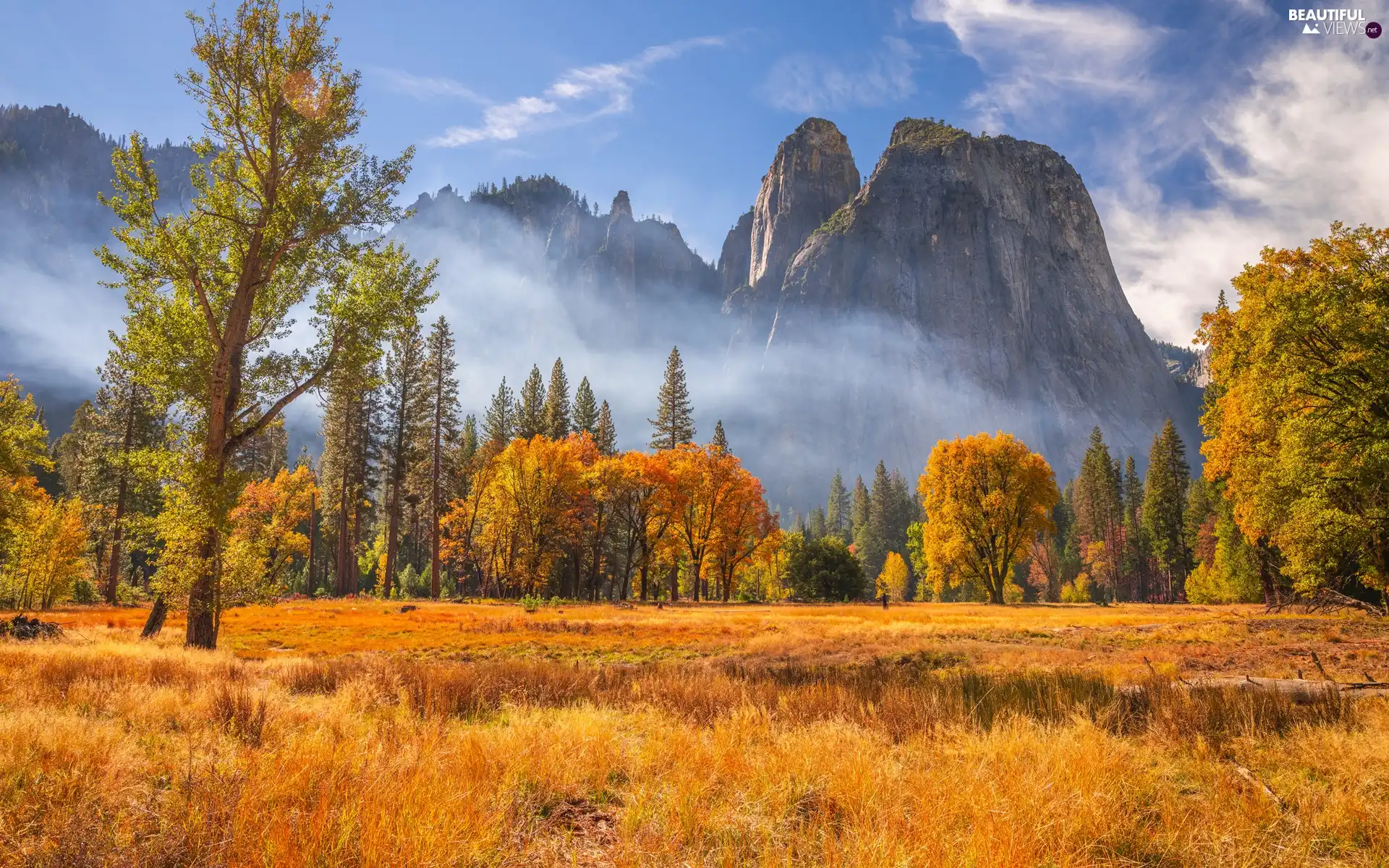 Mountains, Yosemite National Park, rocks, trees, California, The United States, Fog, autumn, viewes