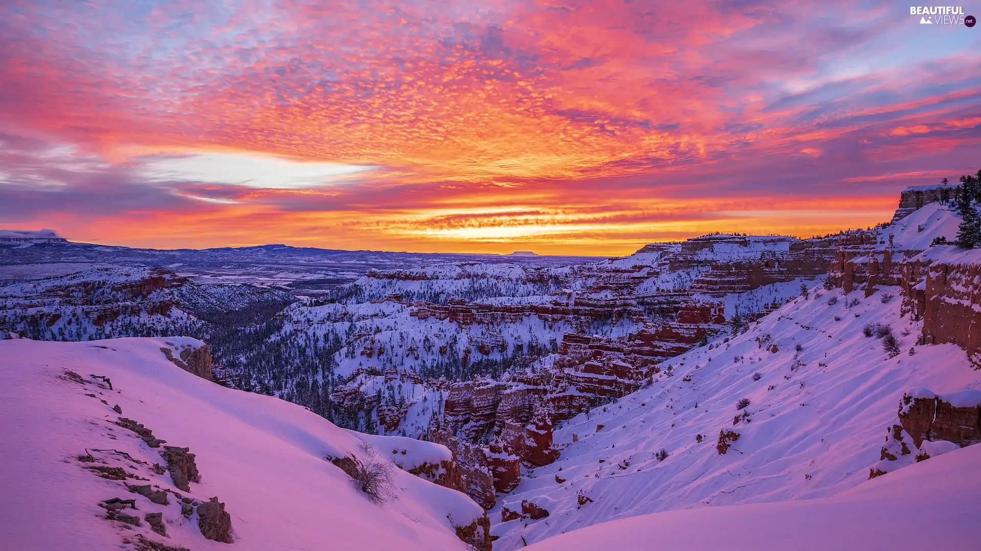 rocks, Utah State, Great Sunsets, Bryce Canyon National Park, The United States, winter, clouds