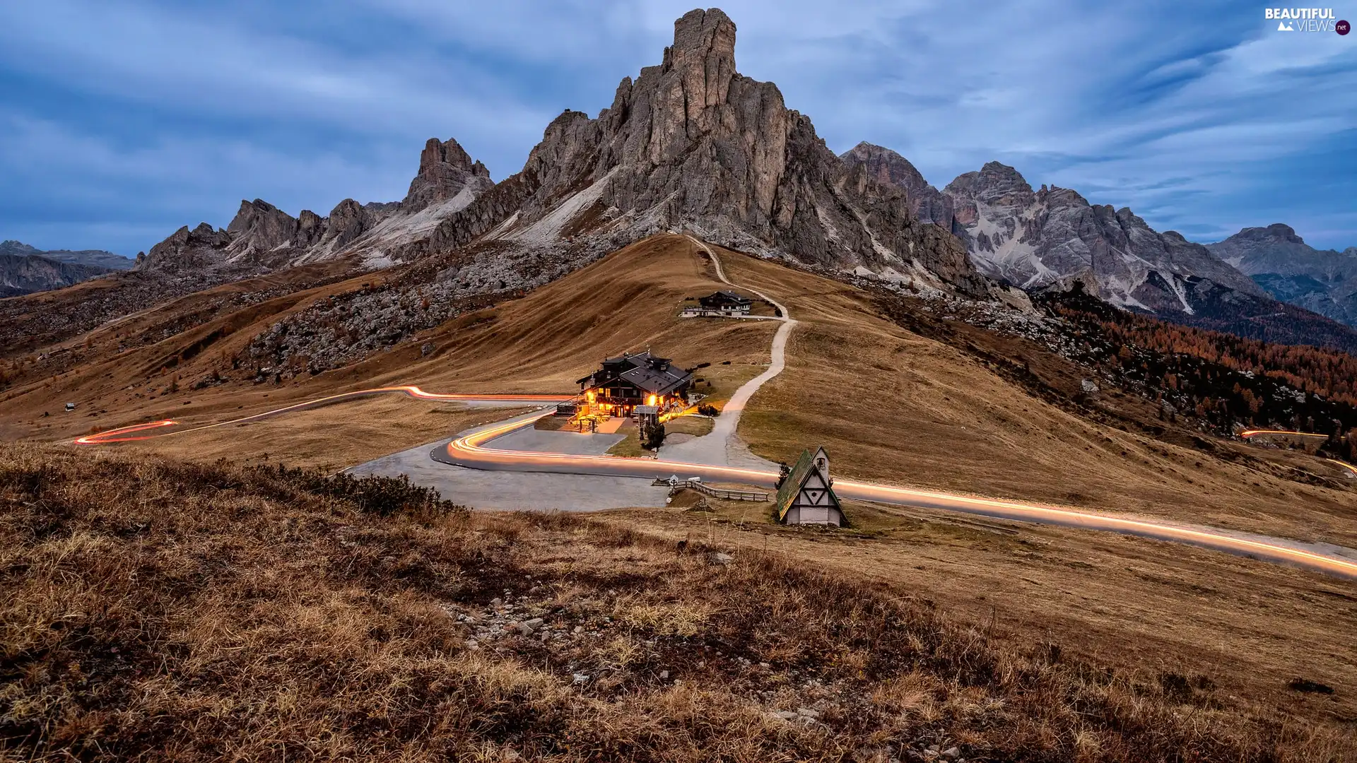 Dolomites, Mountains, pass, Passo di Giau, Italy, autumn, Way, Houses, Province of Belluno