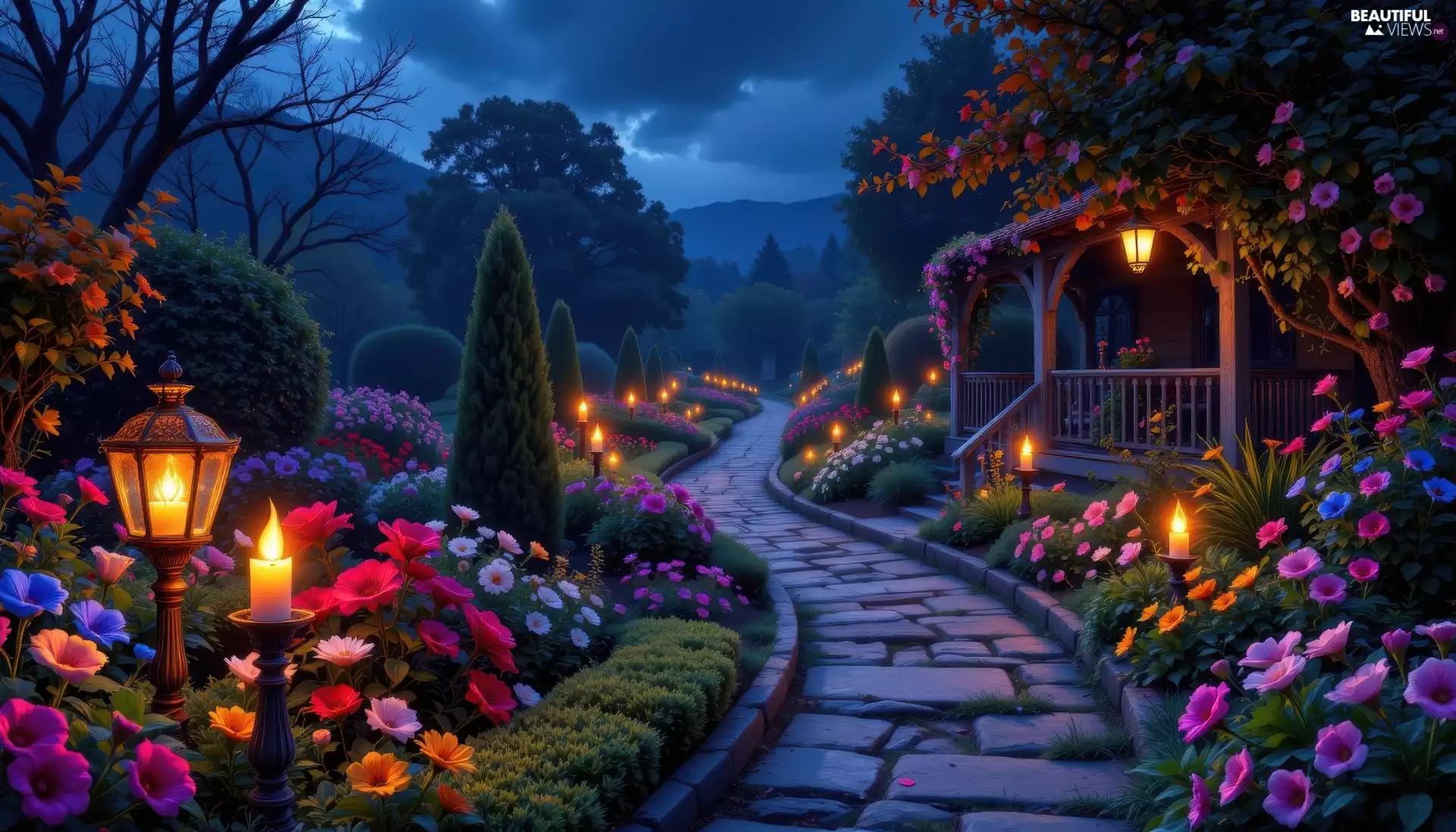trees, Garden, Candles, Path, viewes, Flowers
