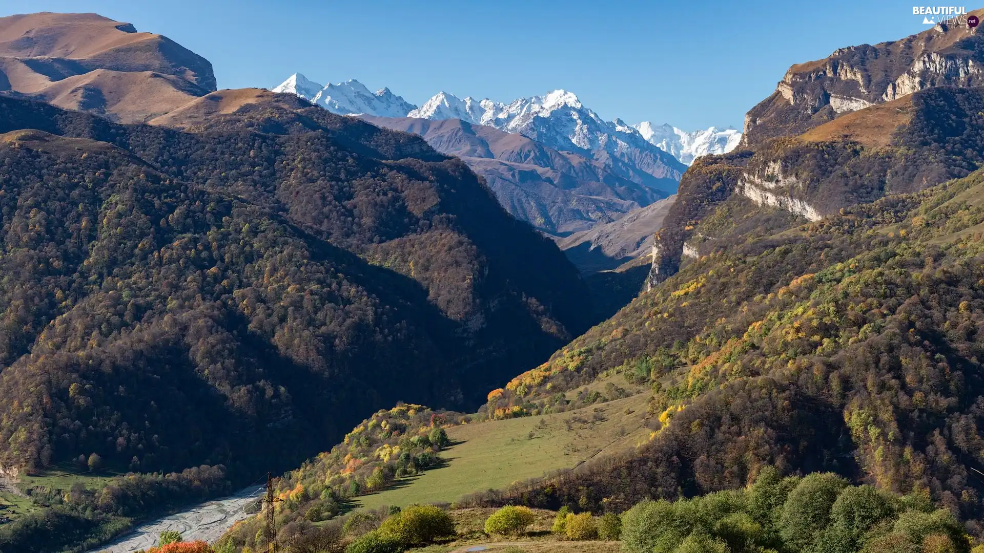 Mountains, woods, rocks, peaks