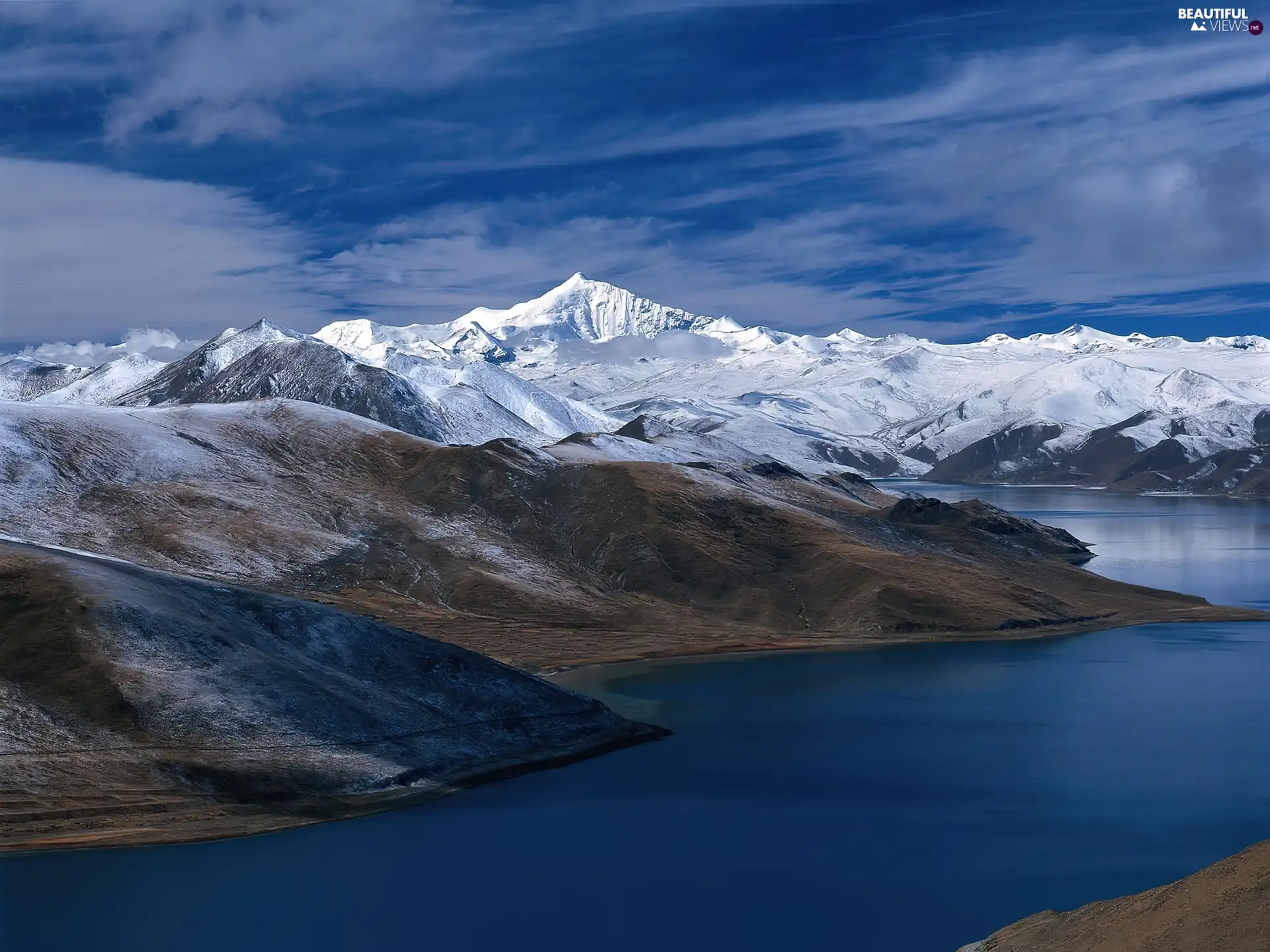 Mountains, snow, peaks, River