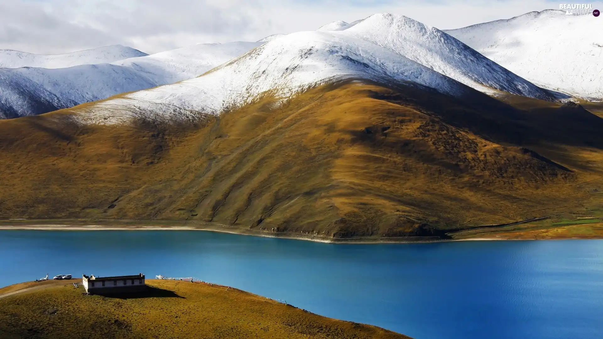 River, Snowy, peaks, Mountains