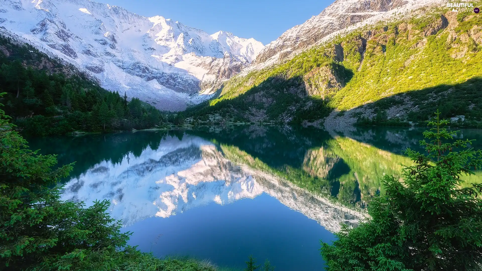 lake, Snowy, viewes, peaks, Mountains, trees, reflection