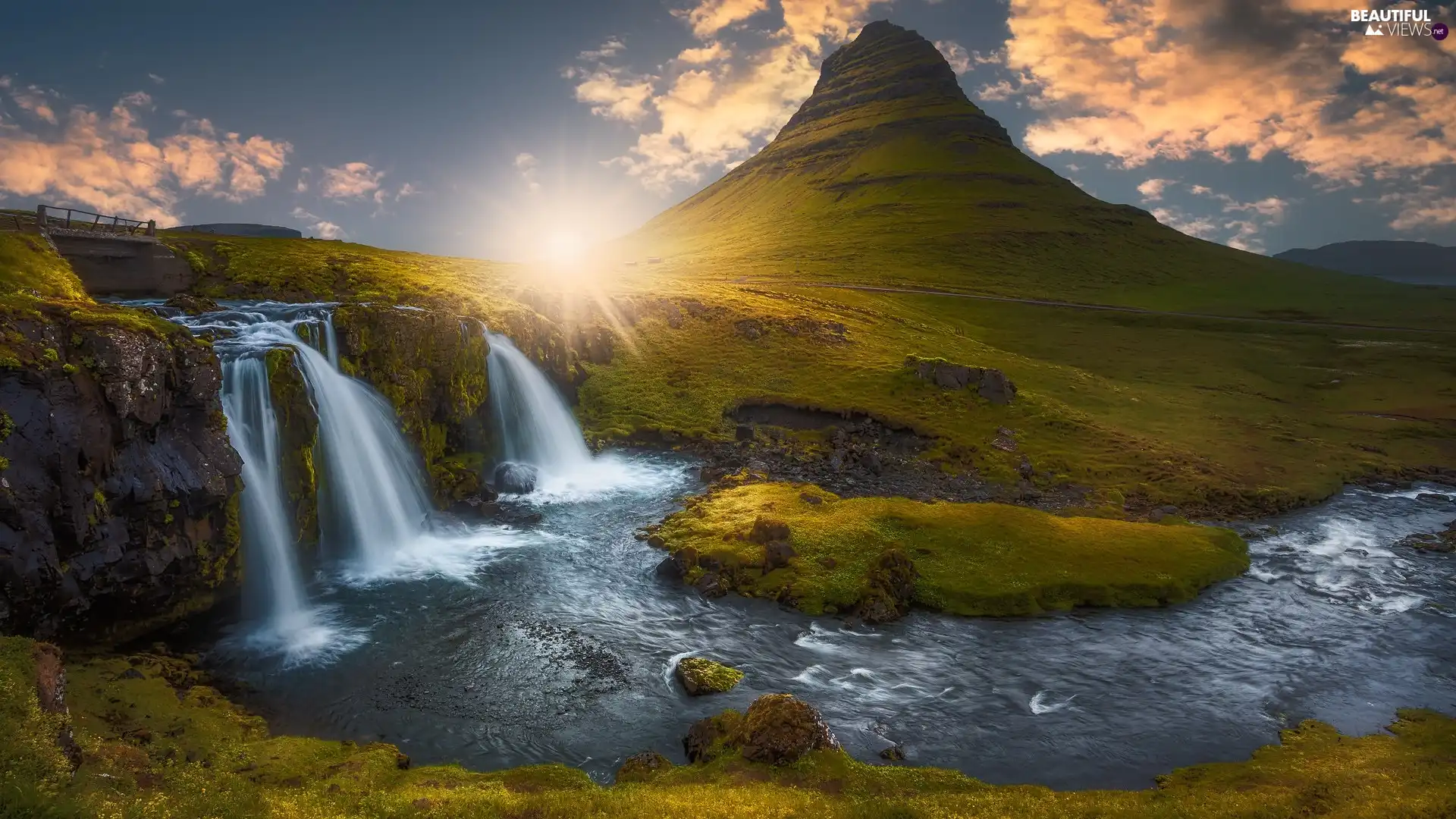 Kirkjufellsfoss Waterfall, Snaefellsnes Peninsula, rays of the Sun, Kirkjufell Mountain, iceland, River, clouds