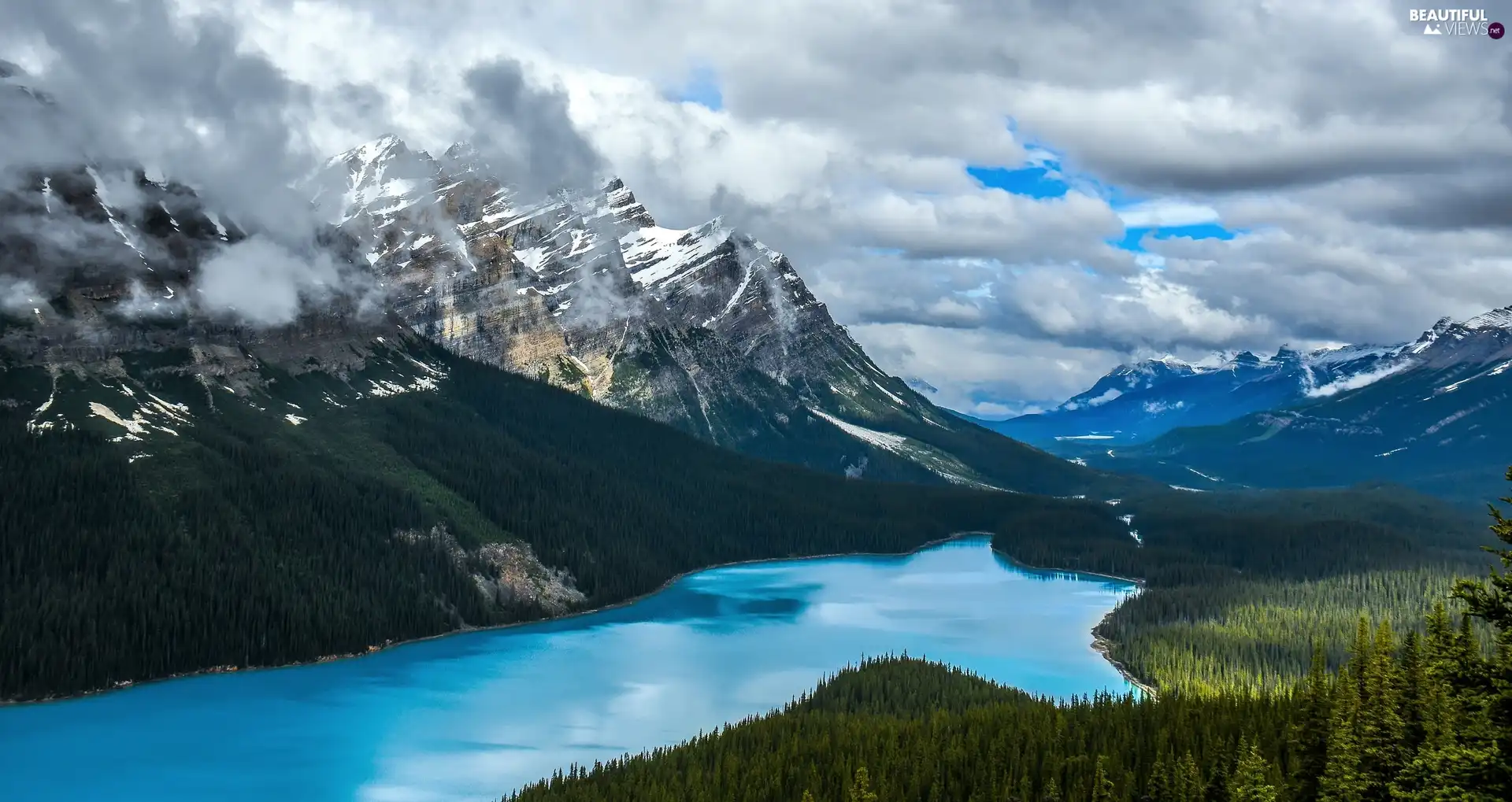 Mountains Canadian Rockies, Peyto Lake, clouds, forest, viewes, Banff National Park, Canada, trees