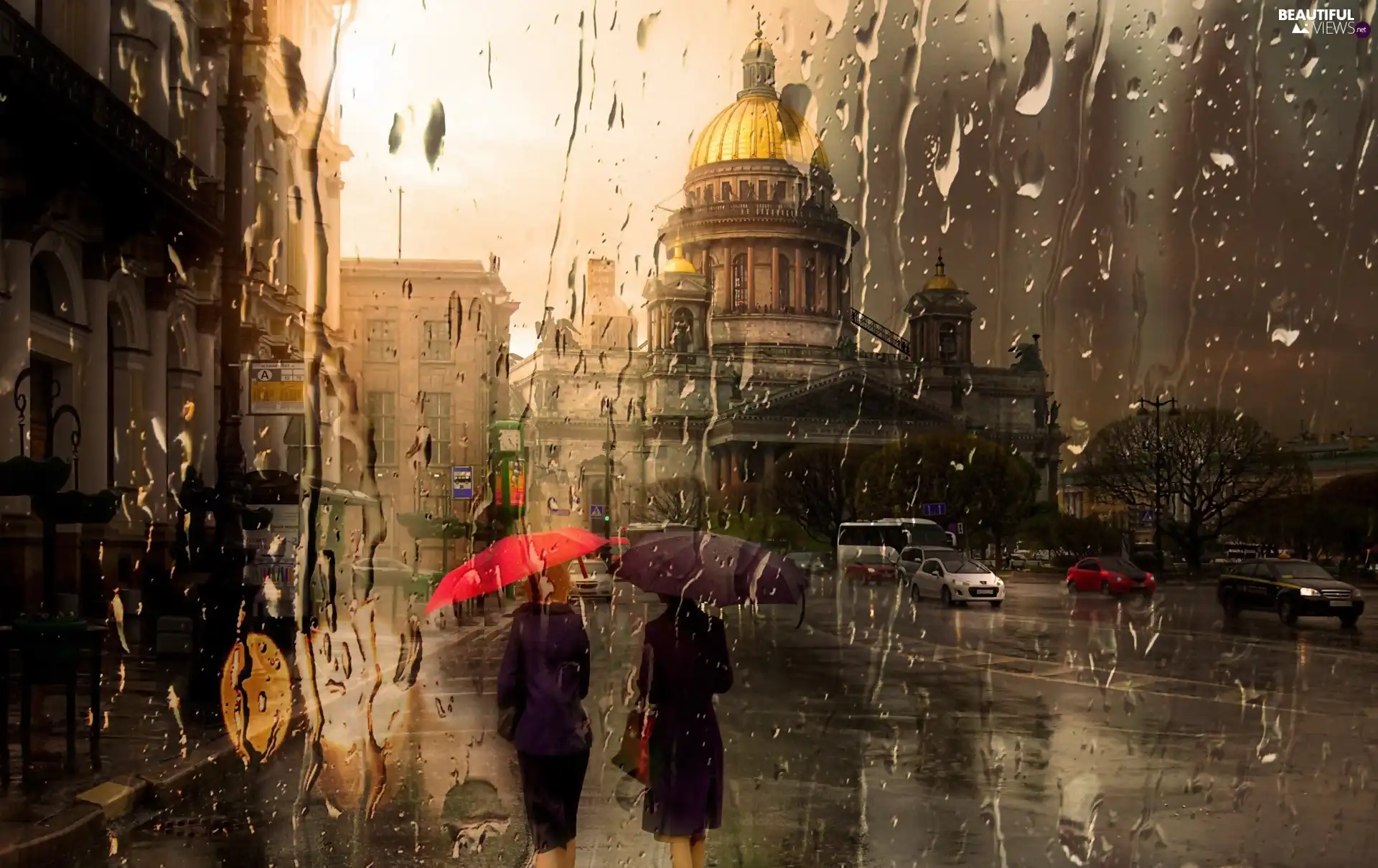 Rain, buildings, Picture of Town, Street