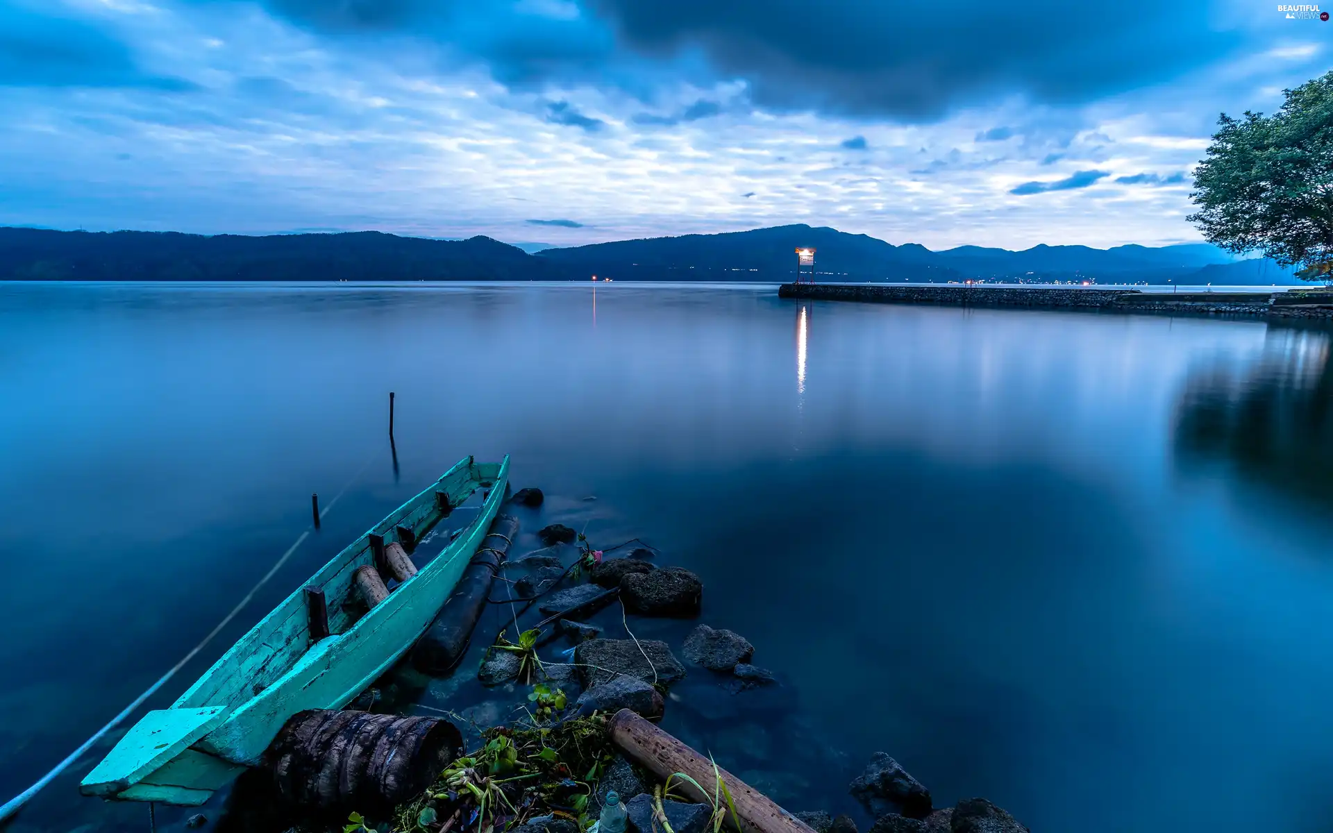 pier, Boat, Mountains, Stones, lake