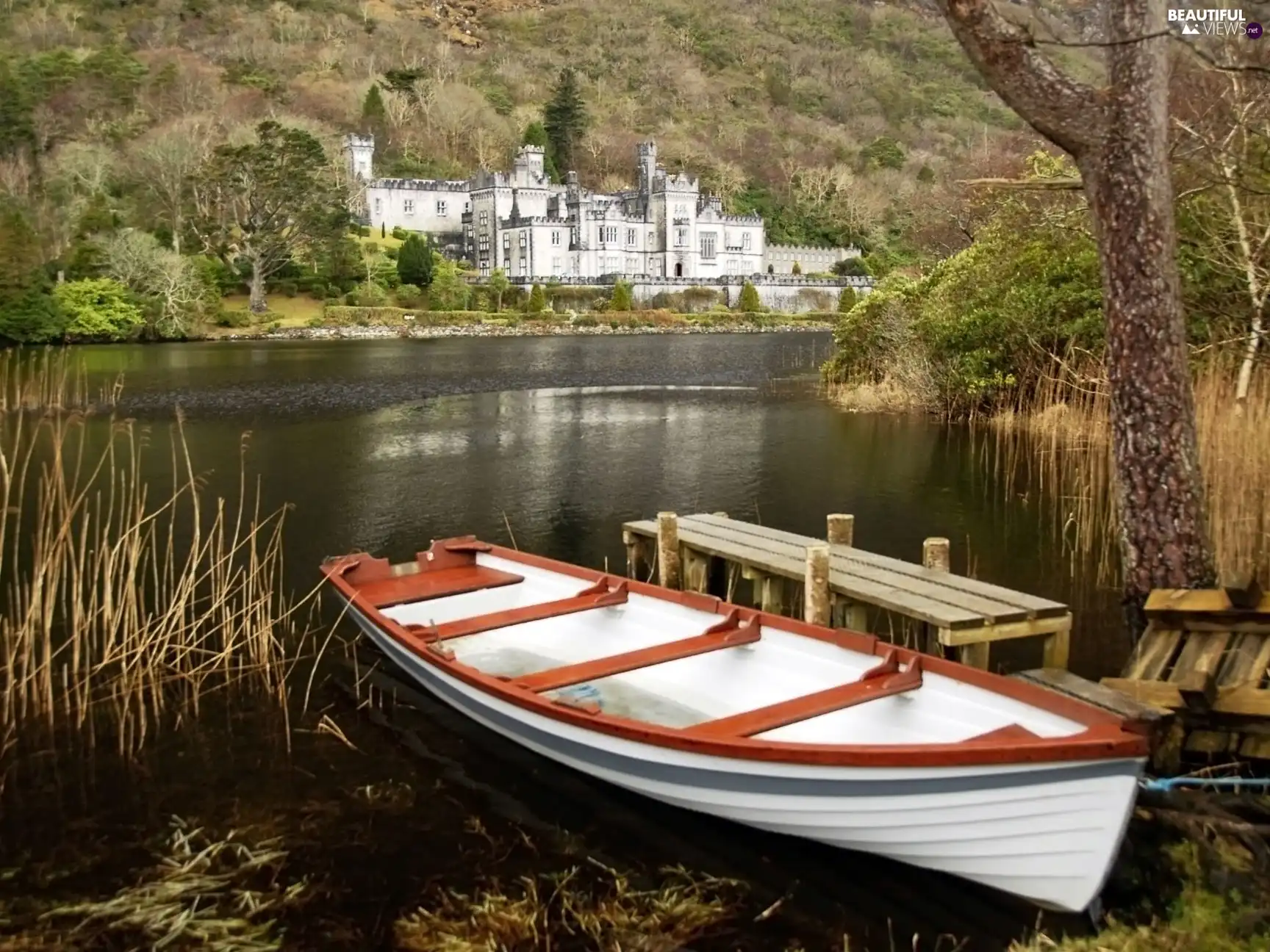 Castle, summer, pier, Boat, lake, forest