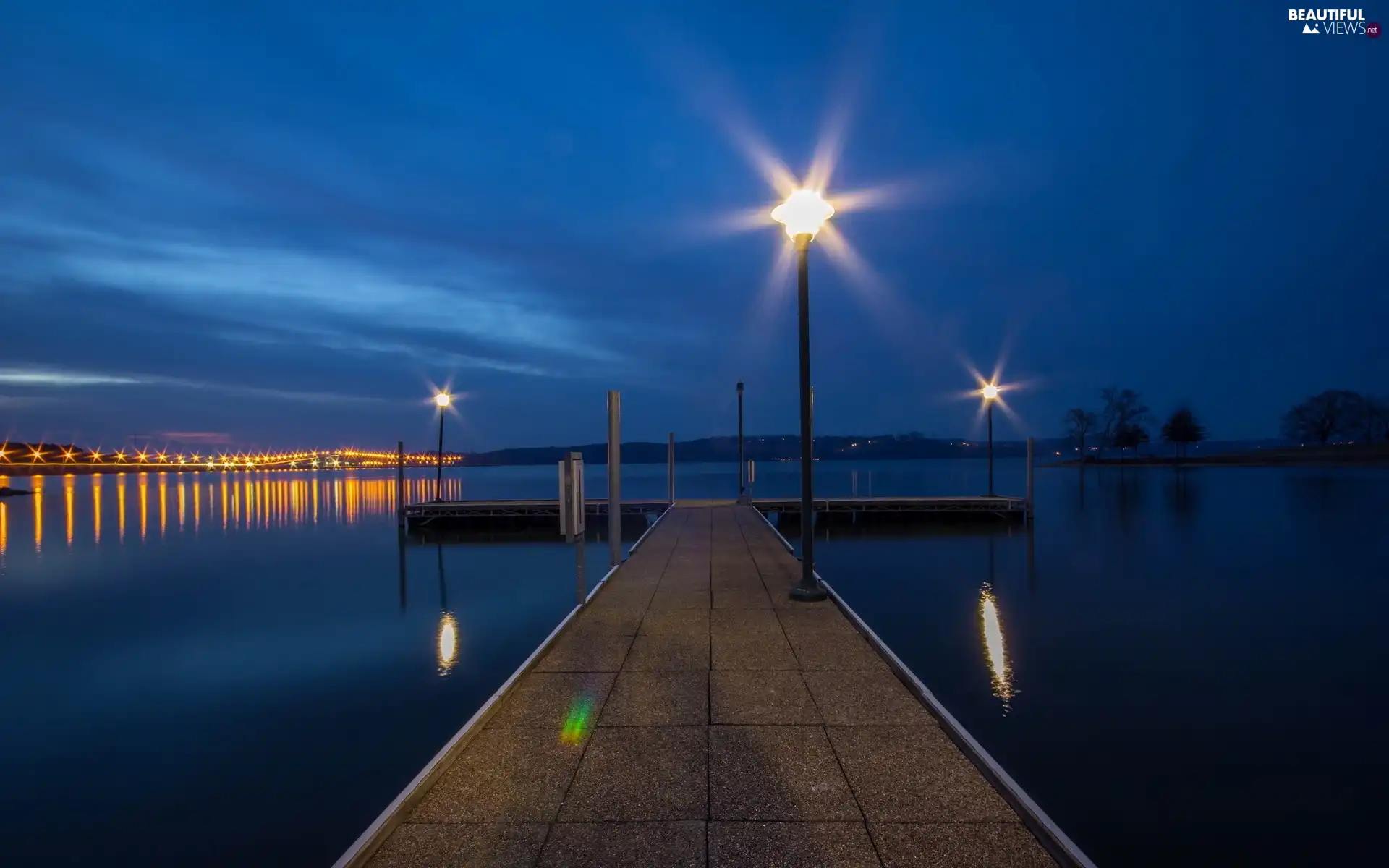 pier, lake, illuminated
