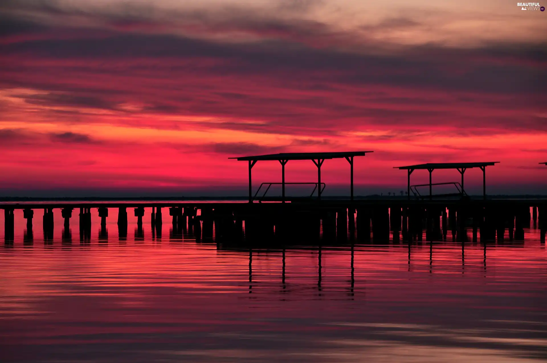 lake, sun, pier, west