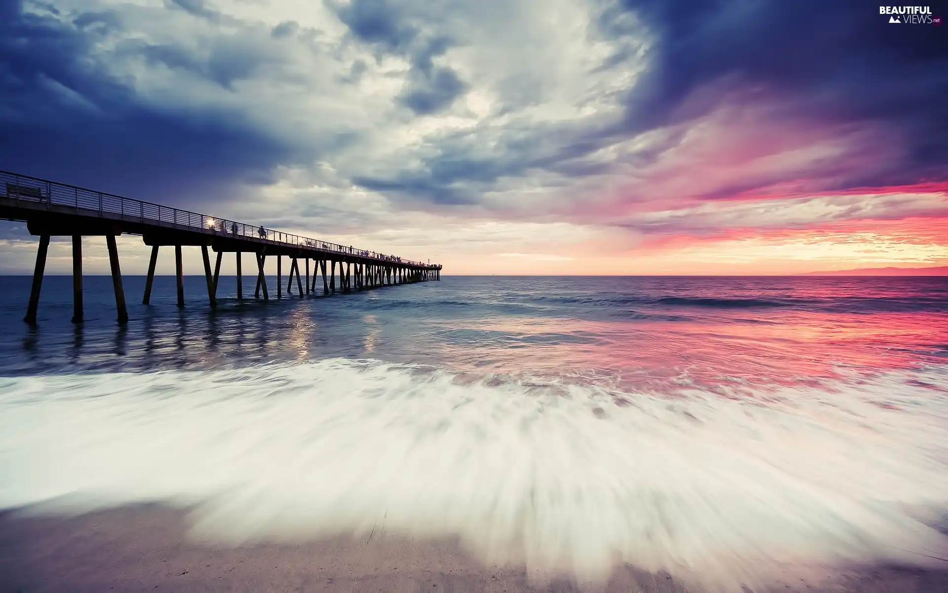 sea, clouds, pier, Waves