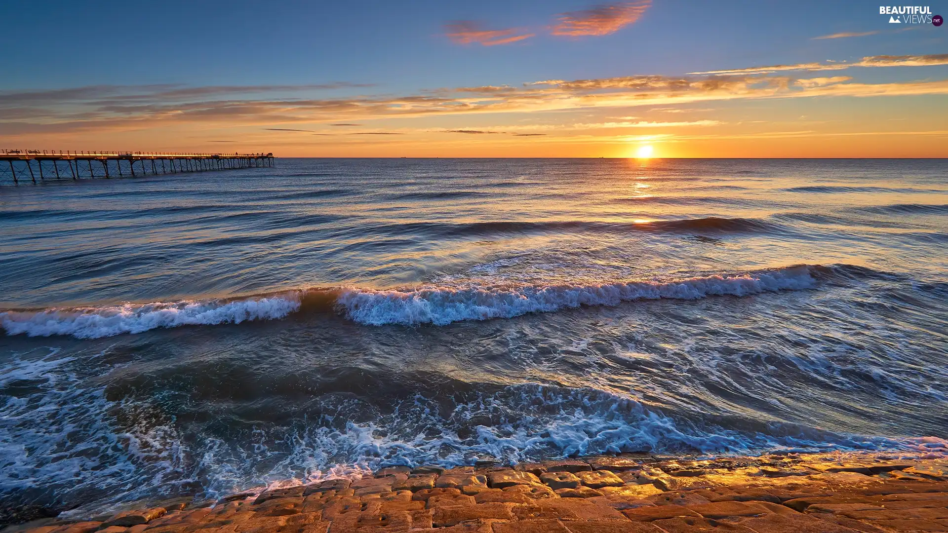 sea, Waves, Sunrise, pier
