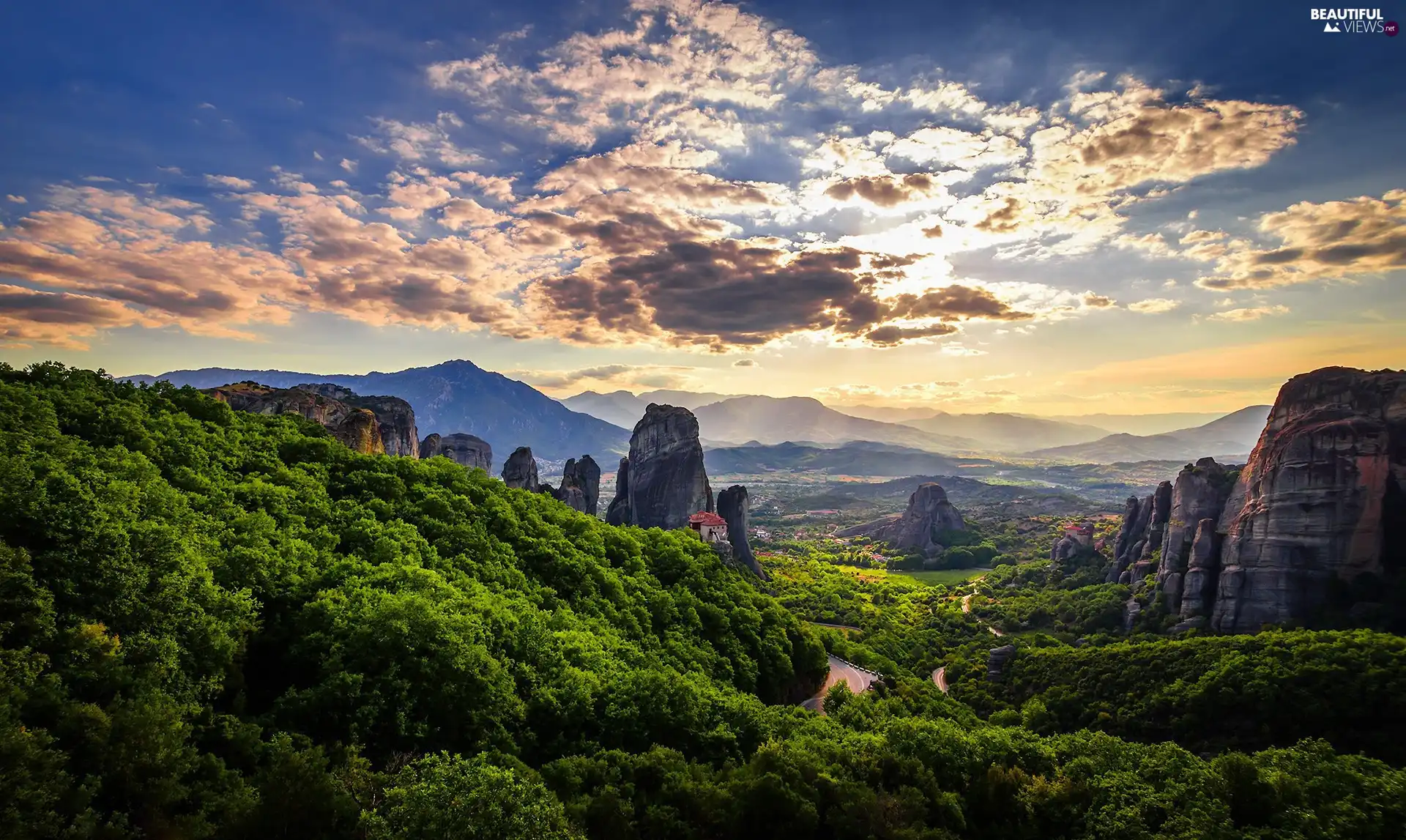 Meteora Massif, Greece, rocks, Thessaly, trees, viewes, Monasteries, Way, Plain of Thessaly