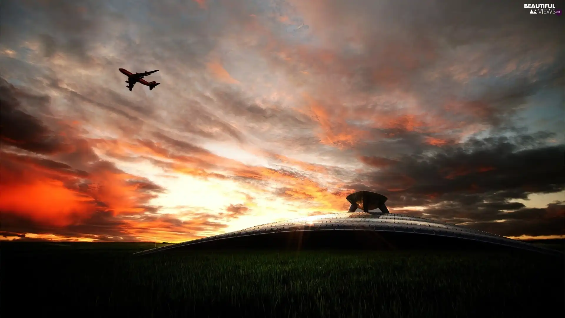 clouds, sun, plane, west