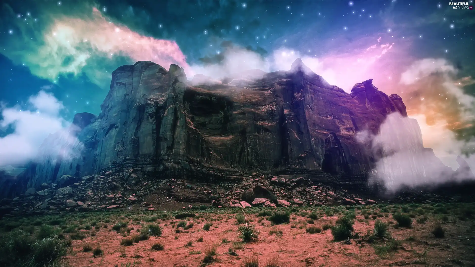 Plants, canyon, clouds