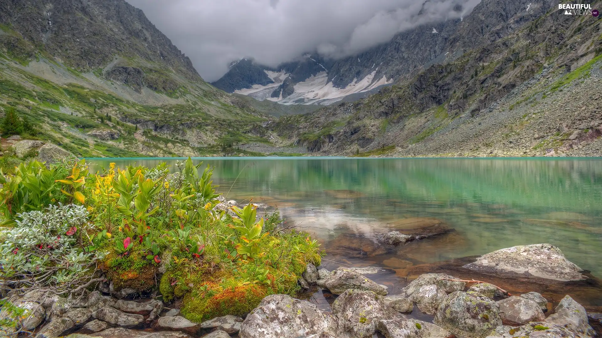 Stones, Plants, clouds, lake, Mountains