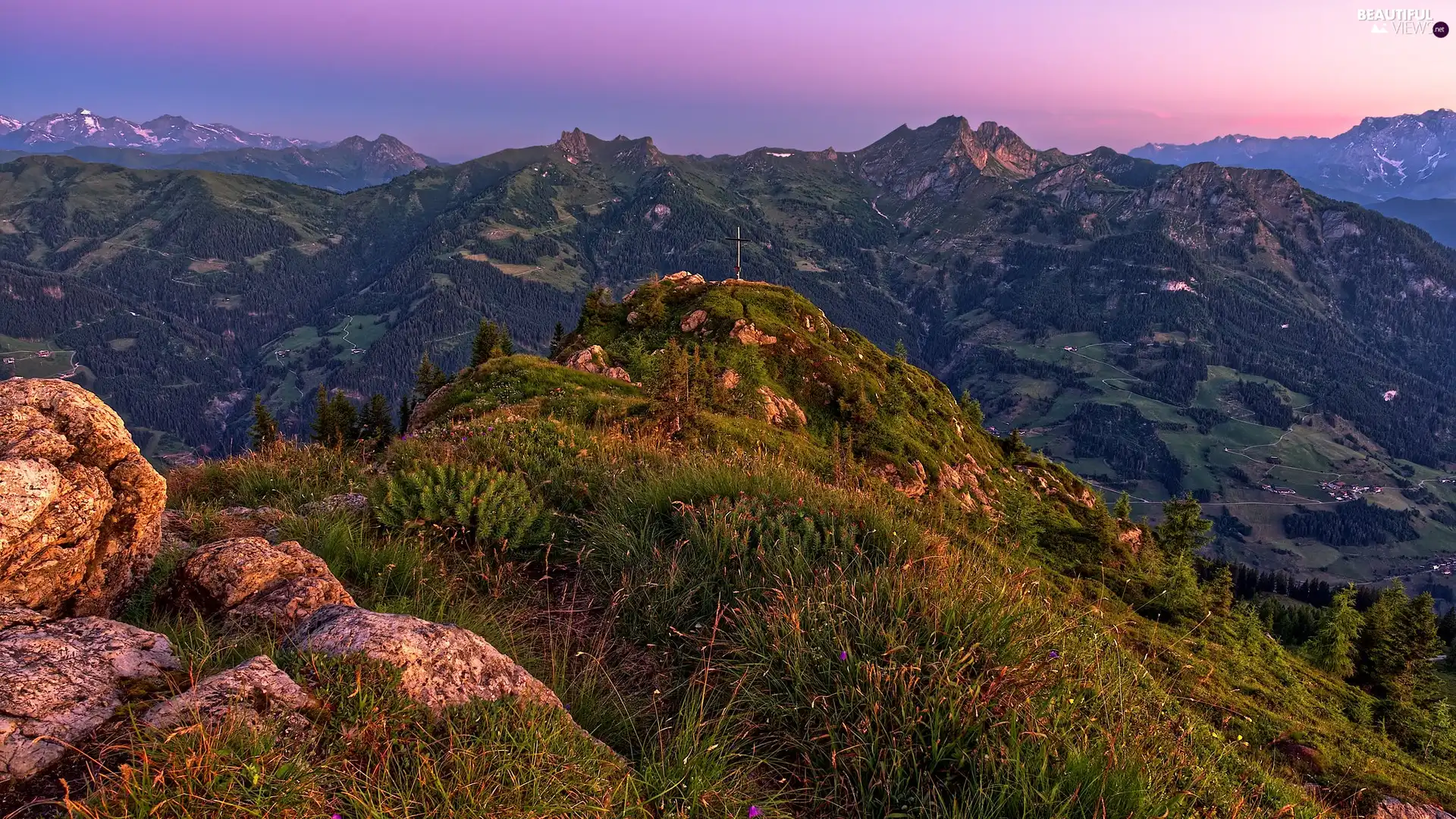 Mountains, Sunrise, Cross, Plants, rocks, morning