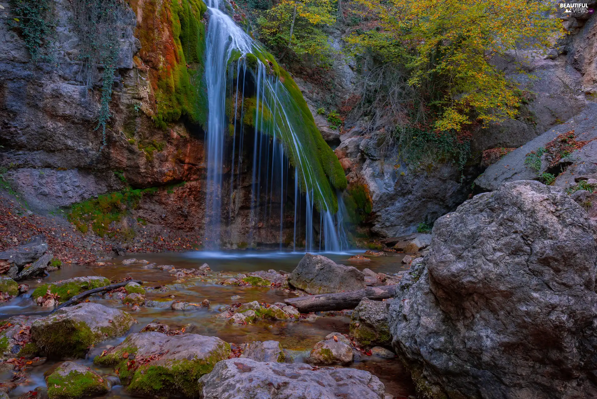 Stones, mossy, River, Plants, waterfall, rocks