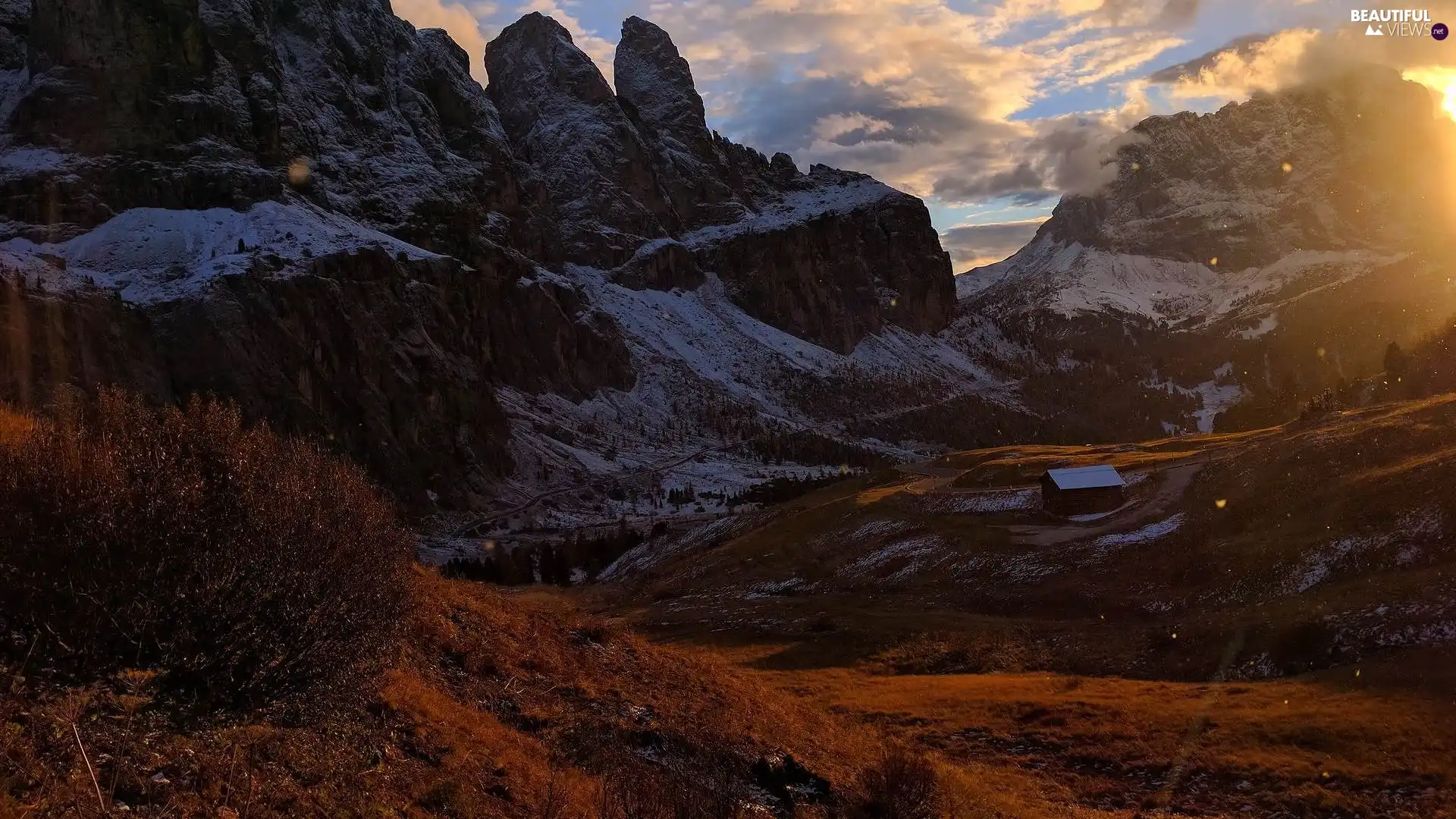 cote, Mountains, sun, Plants, glamour, snow