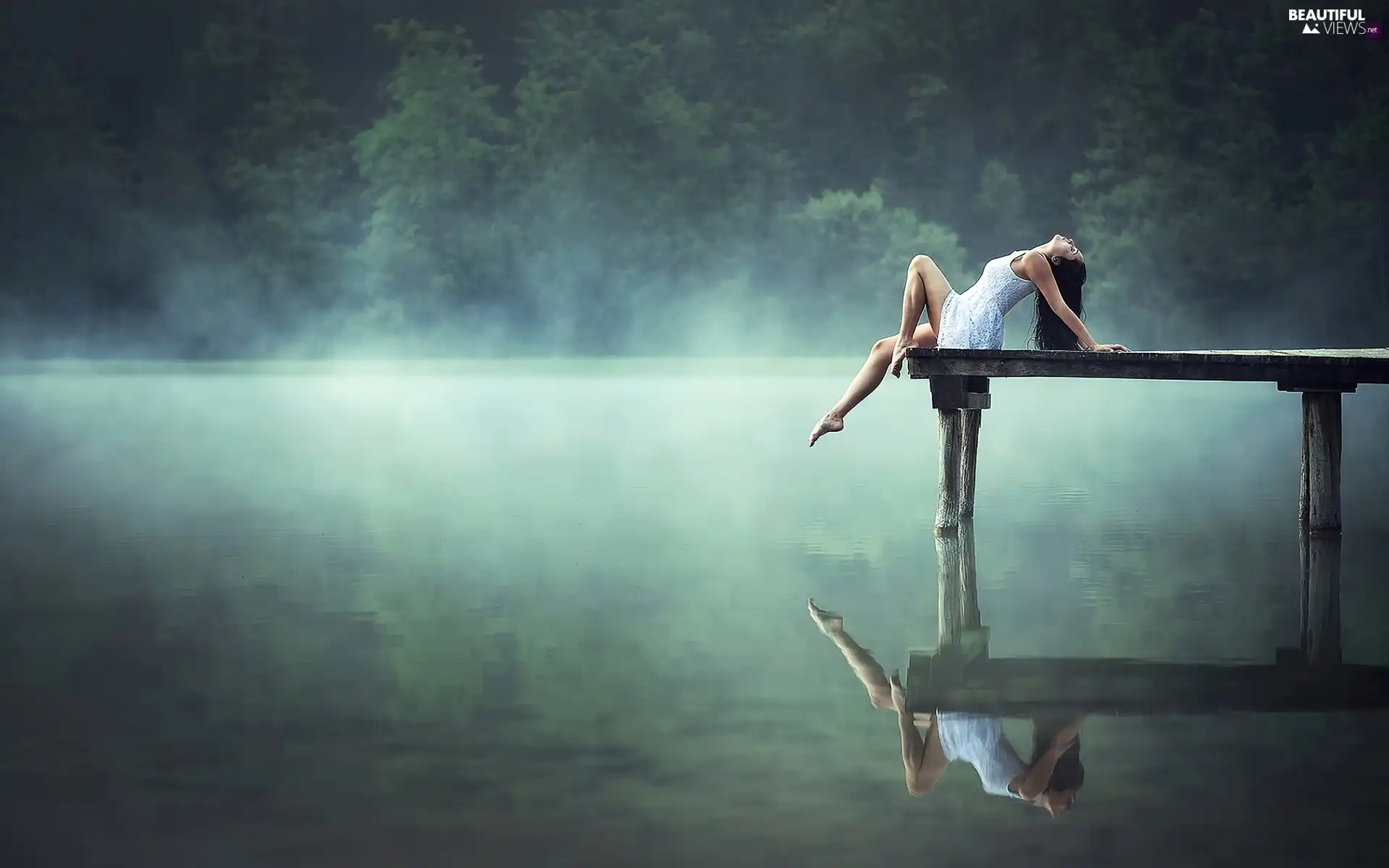 lake, girl, Platform, Fog