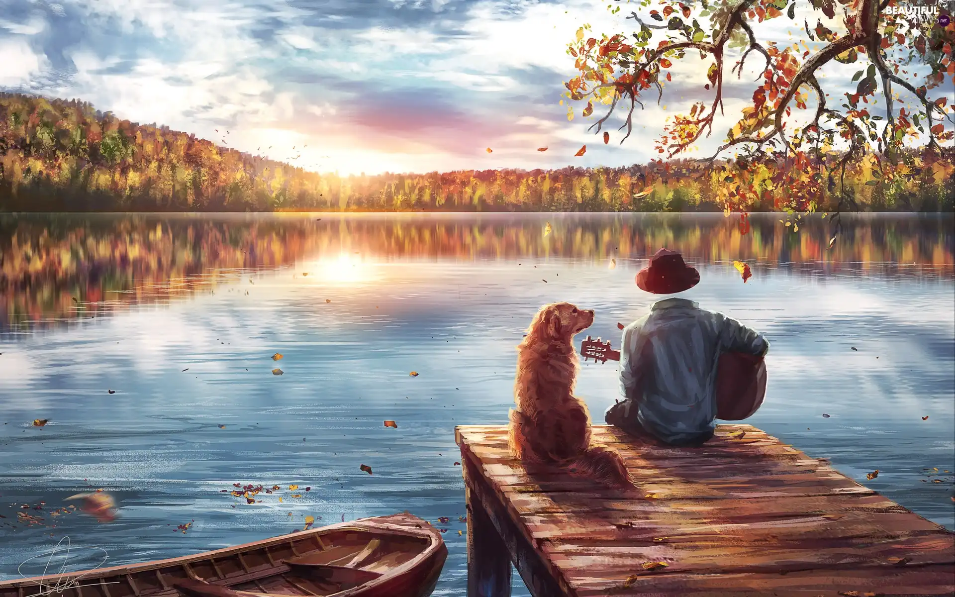 Platform, dog, graphics, form, bath-tub, lake, autumn, Guitar