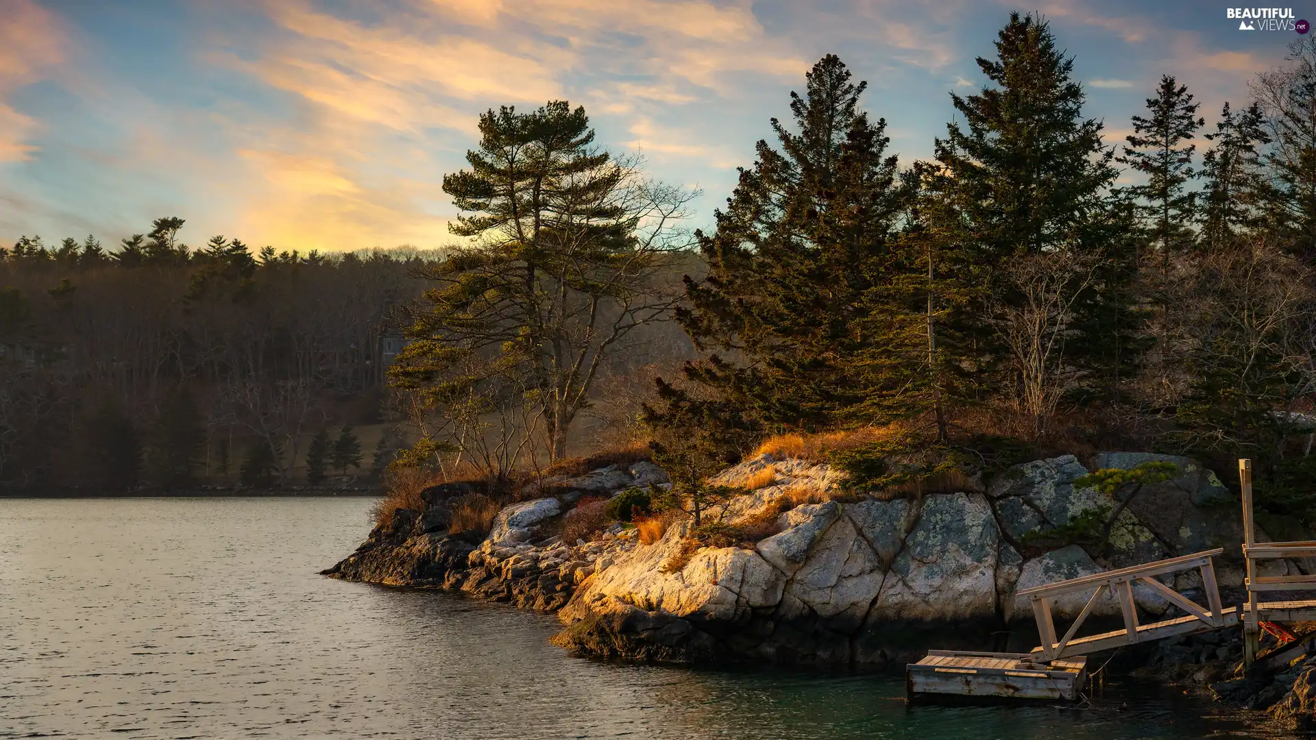 viewes, Platform, rocks, trees, lake