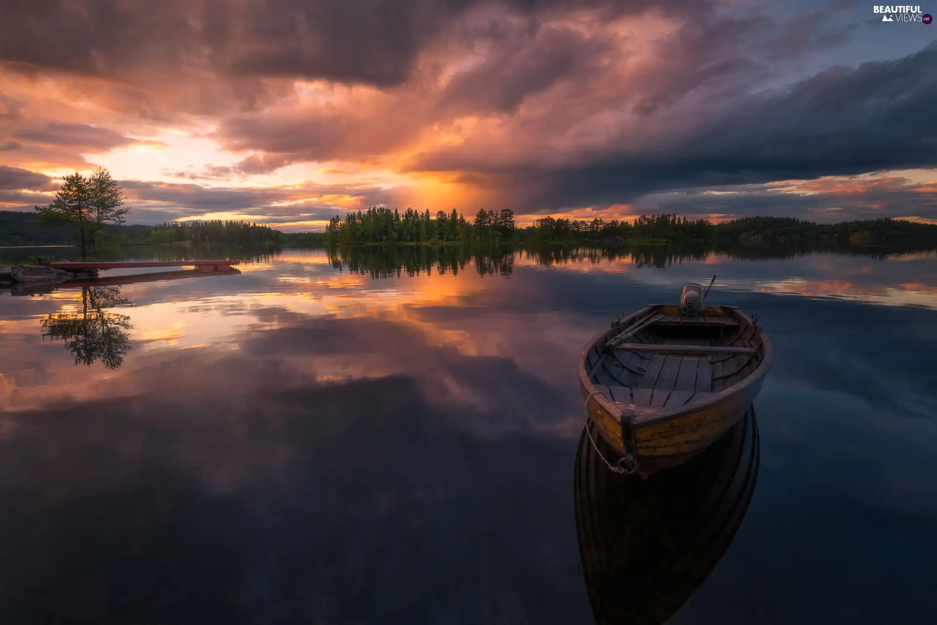 Platform, lake, viewes, Great Sunsets, trees, Boat