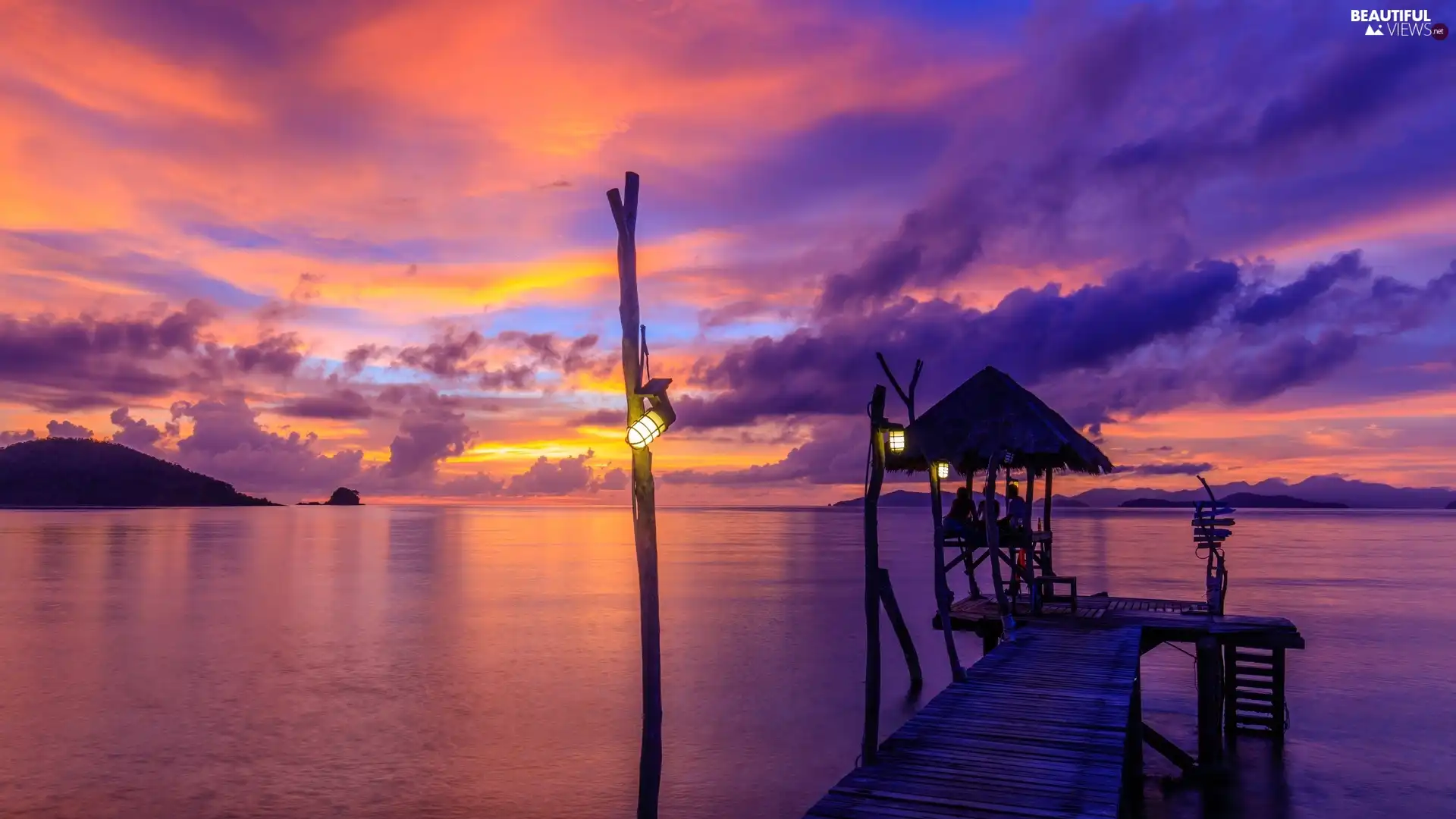 sea, Great Sunsets, Platform, Lanterns, wooden