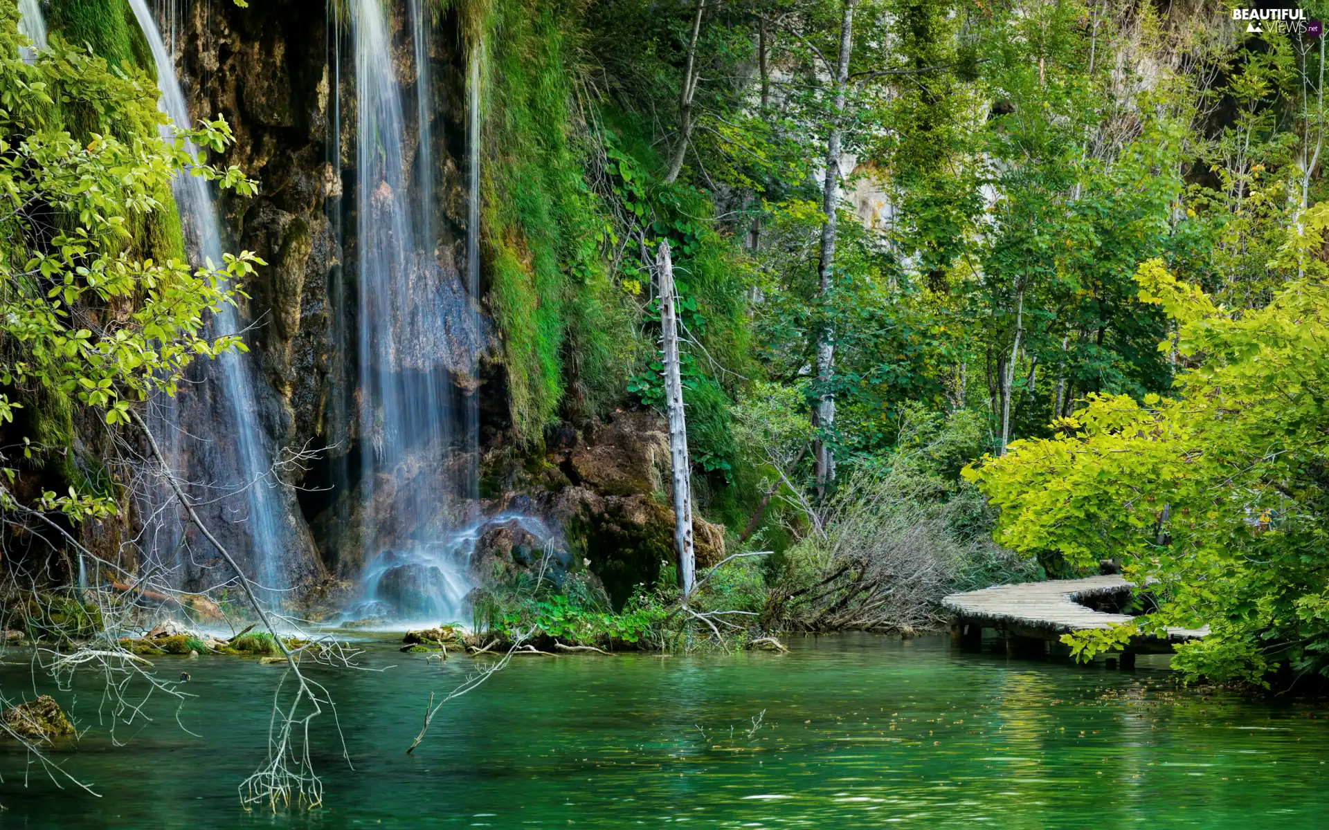lake, trees, waterfall, Plitvice Lakes National Park, Stones, forest, viewes, Coartia, Platform, rocks