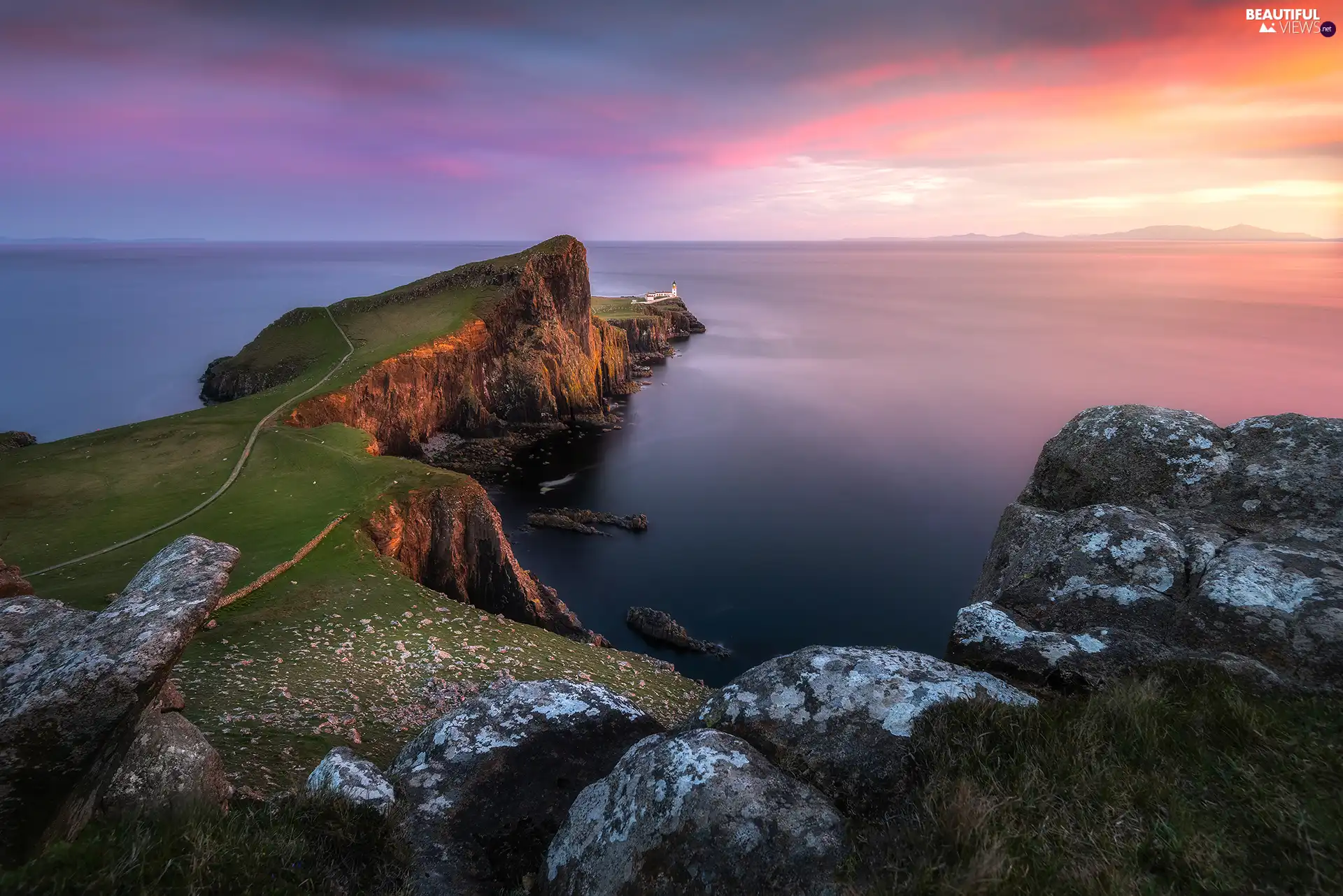 Coast, rocks, Scotland, Isle of Skye, Neist Point Lighthouse, Scottish Sea, Great Sunsets, Duirinish Peninsula