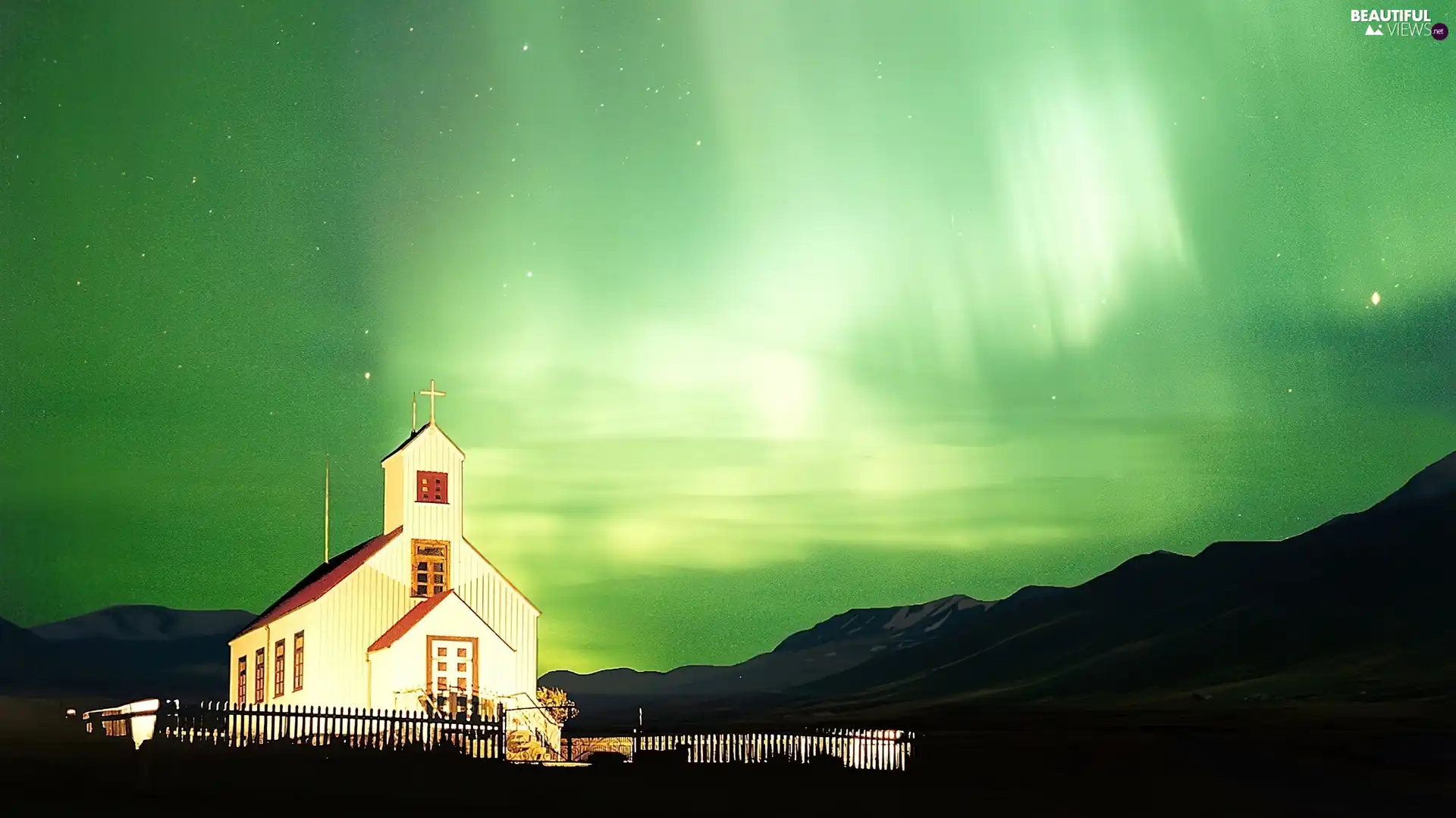 Church, dawn, Polaris, Mountains