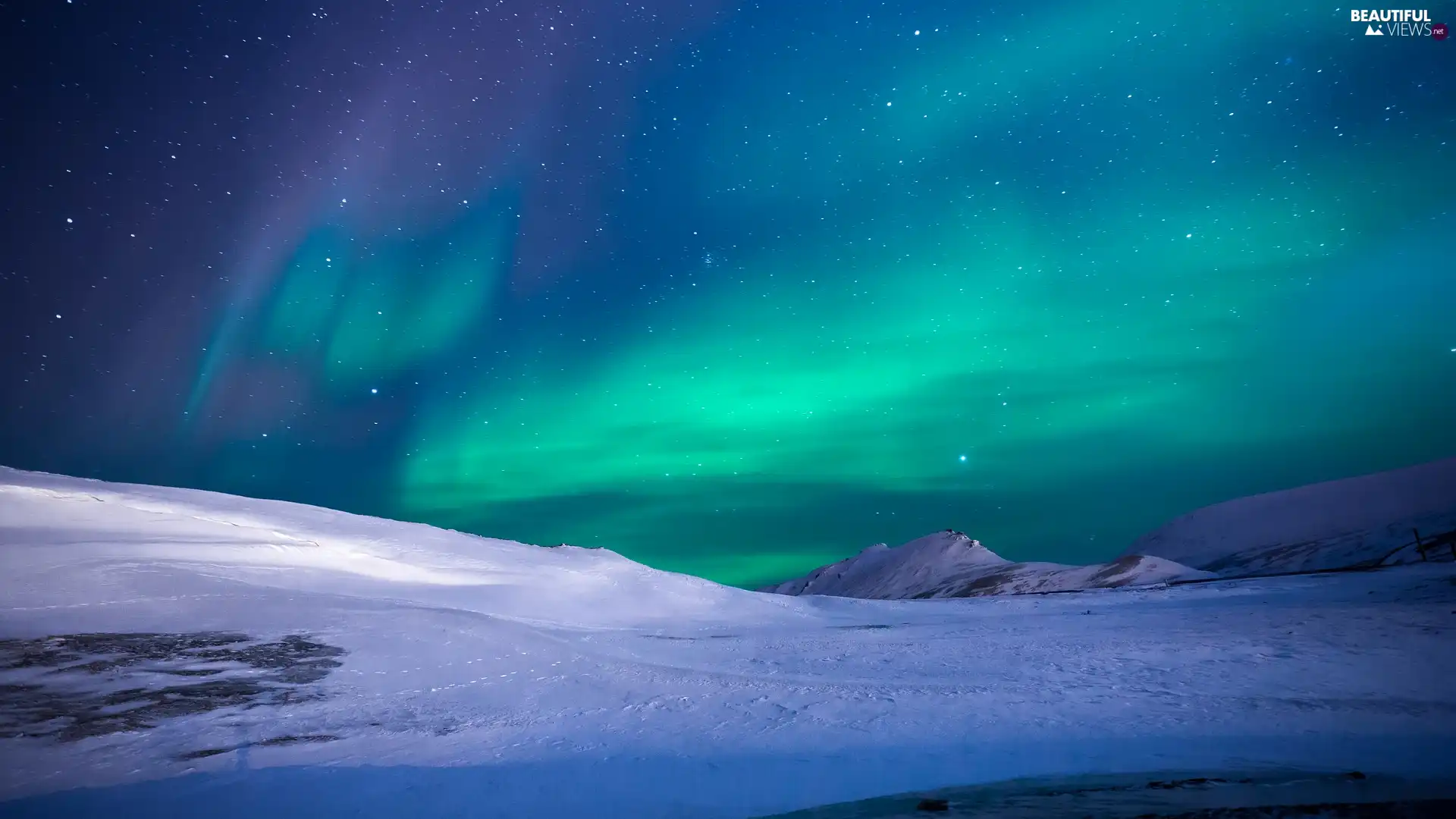 aurora polaris, snow, Mountains, winter