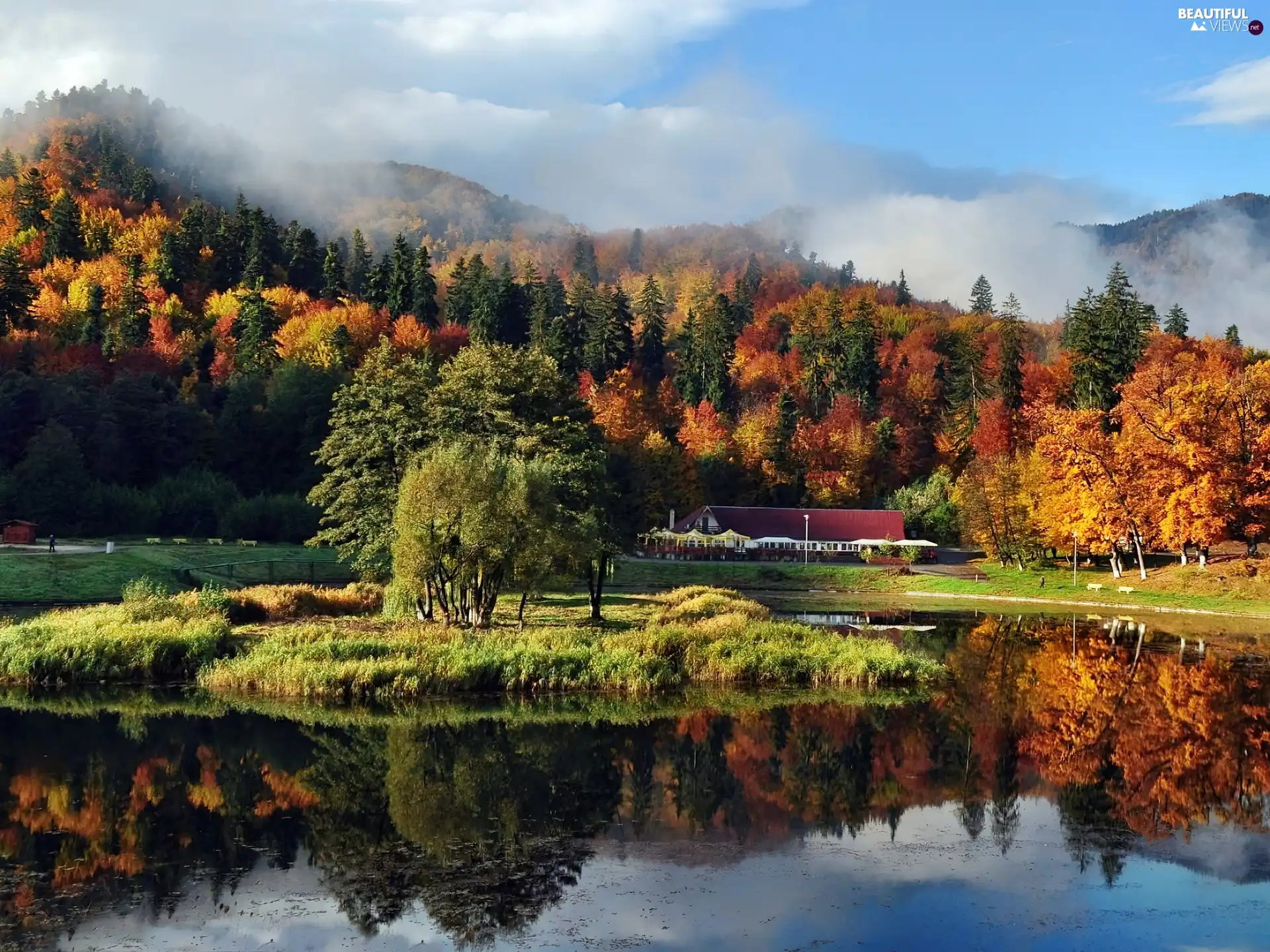 Mountains, clouds, Pond - car, forest