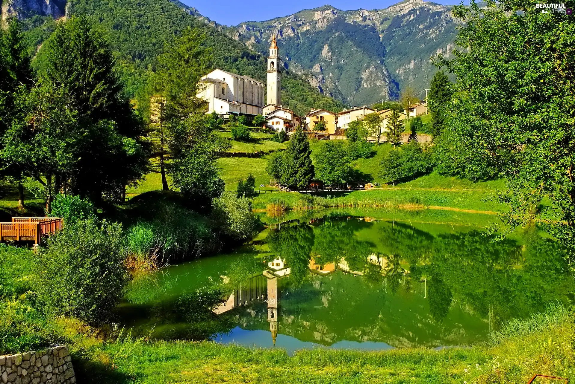 Pond - car, reflection, Church, Houses, Mountains