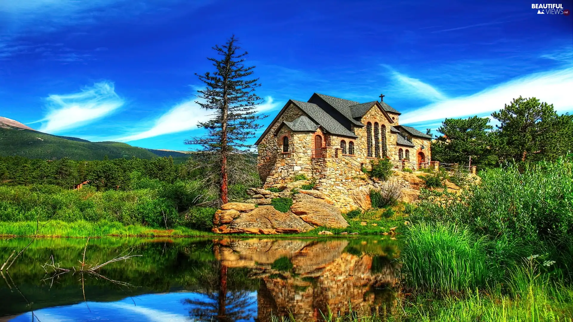 Rocks, Church, Pond - car