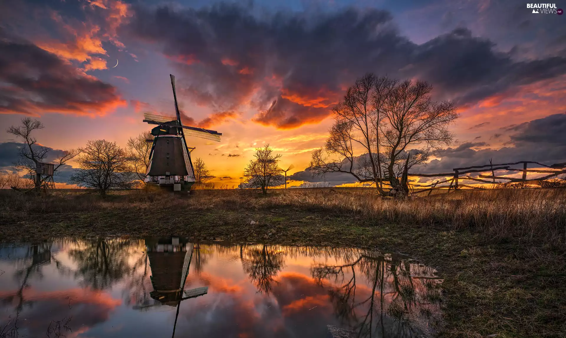 Pond - car, trees, photomontage, viewes, reflection, clouds, Great Sunsets, Windmill