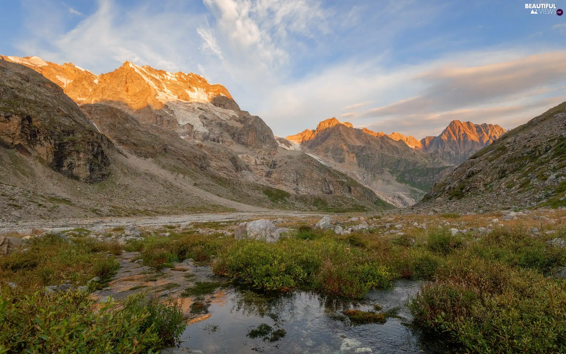 Mountains, Plants, Stones, pool