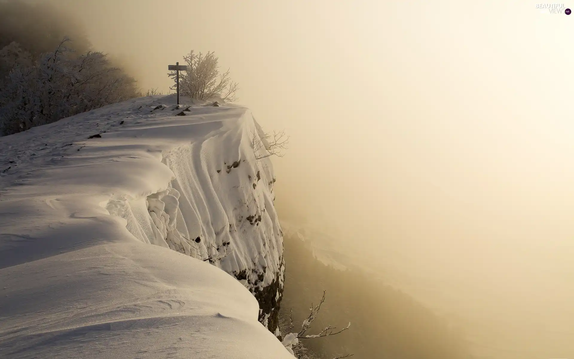 Fog, winter, viewes, snow, Mountains, trees, sign-post