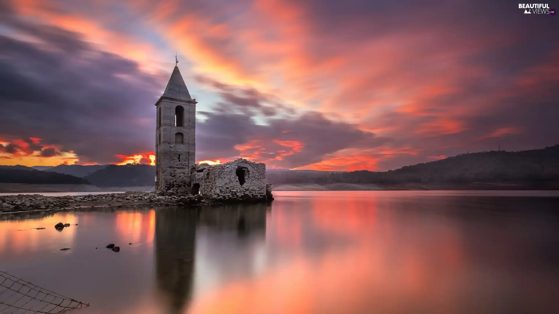 lake, container, Spain, Panta de Sau, Province of Barcelona, Church of Sant Roma, Church, Great Sunsets