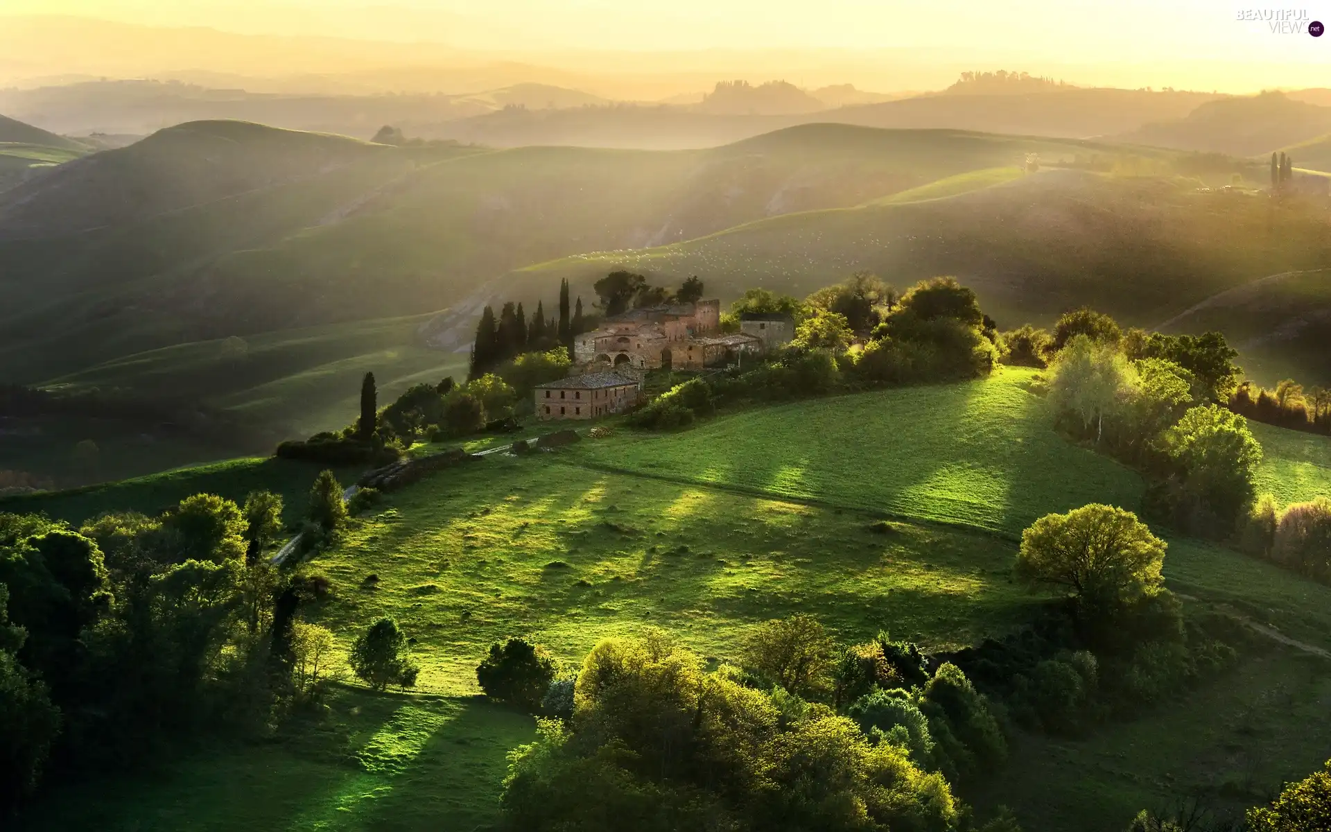 ligh, Fog, morning, Mountains, Tuscany, flash, medows, sun, trees, Farms, Przebijające, luminosity, viewes